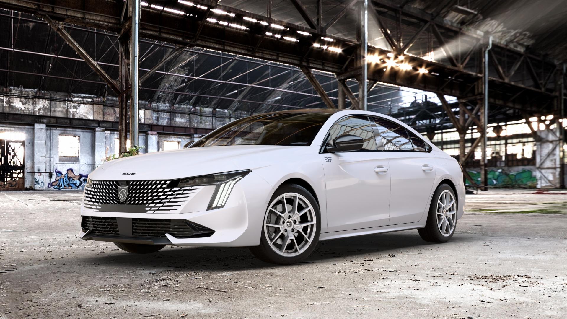 DIEWE WHEELS NEVE Silver Felge mit Reifen silber in 18Zoll Winterfelge Alufelge auf weissem Peugeot 508 Typ F Limousine Facelift ⬇️ mit 15mm Tieferlegung ⬇️ Old Industrial Hall_max_5300mm_2024 Frontansicht_1