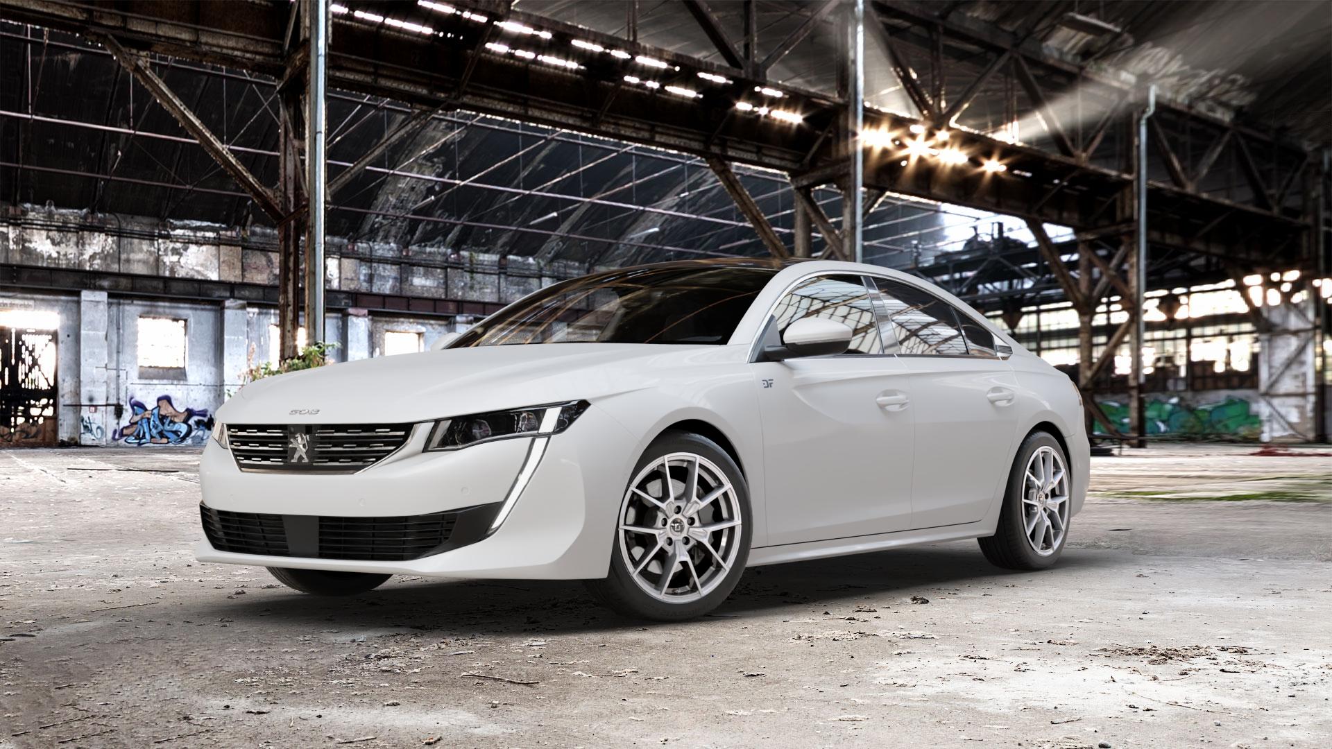 DIEWE WHEELS NEVE Silver Felge mit Reifen silber in 18Zoll Winterfelge Alufelge auf weissem Peugeot 508 Typ F Limousine ⬇️ mit 15mm Tieferlegung ⬇️ Old Industrial Hall_max_5300mm_2024 Frontansicht_1