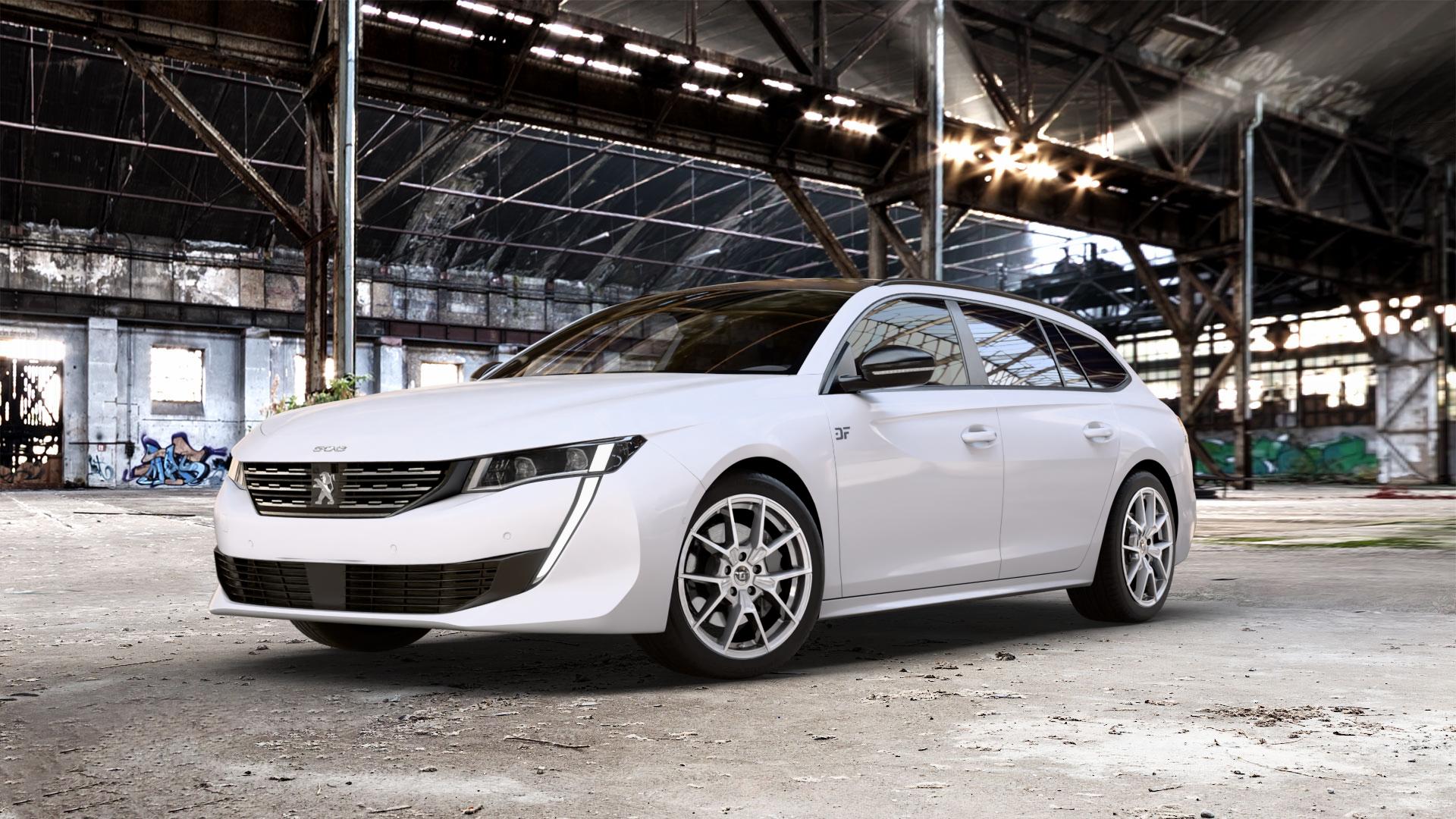 DIEWE WHEELS NEVE Silver Felge mit Reifen silber in 18Zoll Winterfelge Alufelge auf weissem Peugeot 508 Typ F SW ⬇️ mit 15mm Tieferlegung ⬇️ Old Industrial Hall_max_5300mm_2024 Frontansicht_1