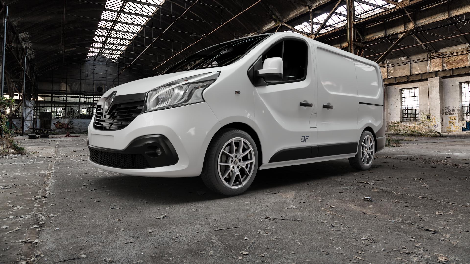 DIEWE WHEELS NEVE Silver Felge mit Reifen silber in 18Zoll Winterfelge Alufelge auf weissem Renault Trafic III Kasten Typ L ⬇️ mit 15mm Tieferlegung ⬇️ Old Industrial Hall_max5000mm_2022 Frontansicht_1