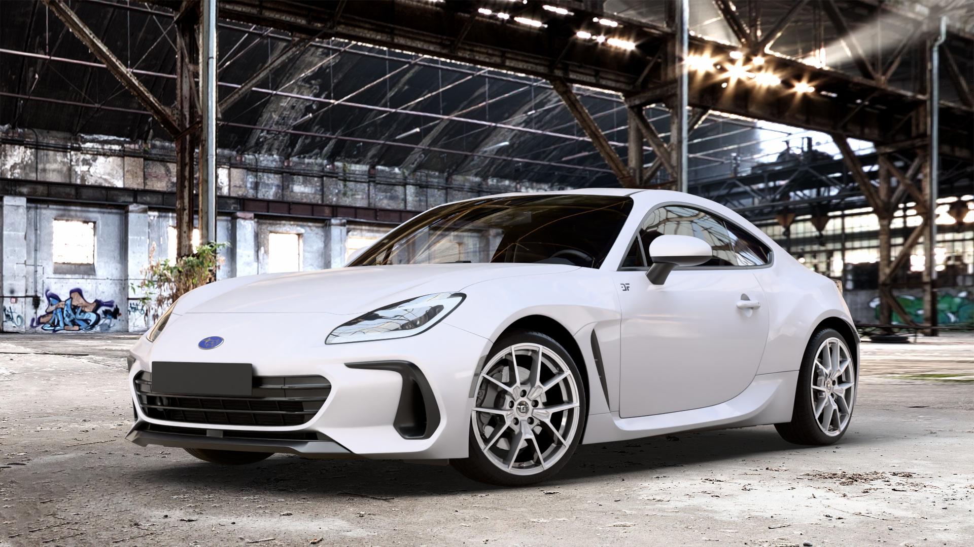 DIEWE WHEELS NEVE Silver Felge mit Reifen silber in 18Zoll Winterfelge Alufelge auf weissem Subaru BRZ Typ Z2 2,4l 172kW (234 PS) ⬇️ mit 15mm Tieferlegung ⬇️ Old Industrial Hall_max_4400mm_2024 Frontansicht_1