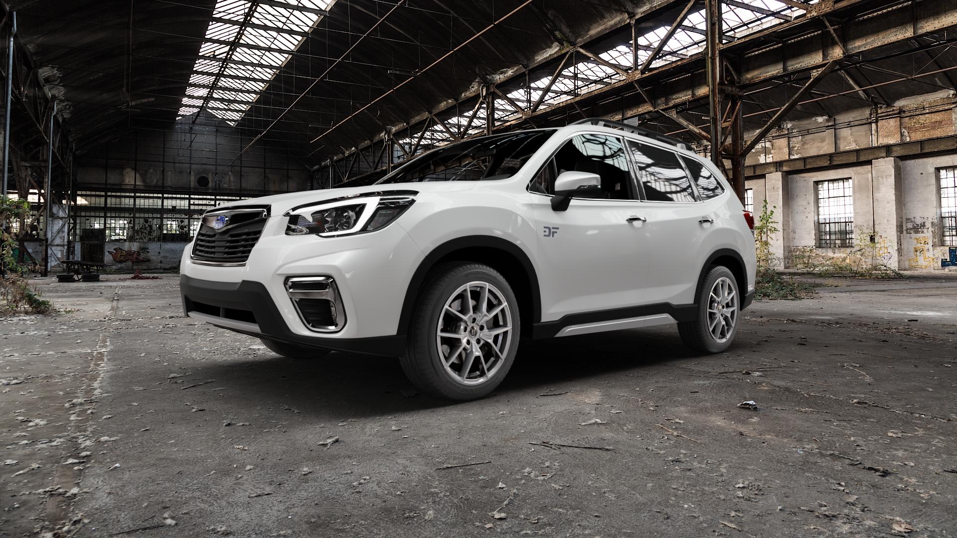 DIEWE WHEELS NEVE Silver Felge mit Reifen silber in 18Zoll Winterfelge Alufelge auf weissem Subaru Forester V Typ S5 ⬇️ mit 15mm Tieferlegung ⬇️ Old Industrial Hall_max5000mm_2022 Frontansicht_1