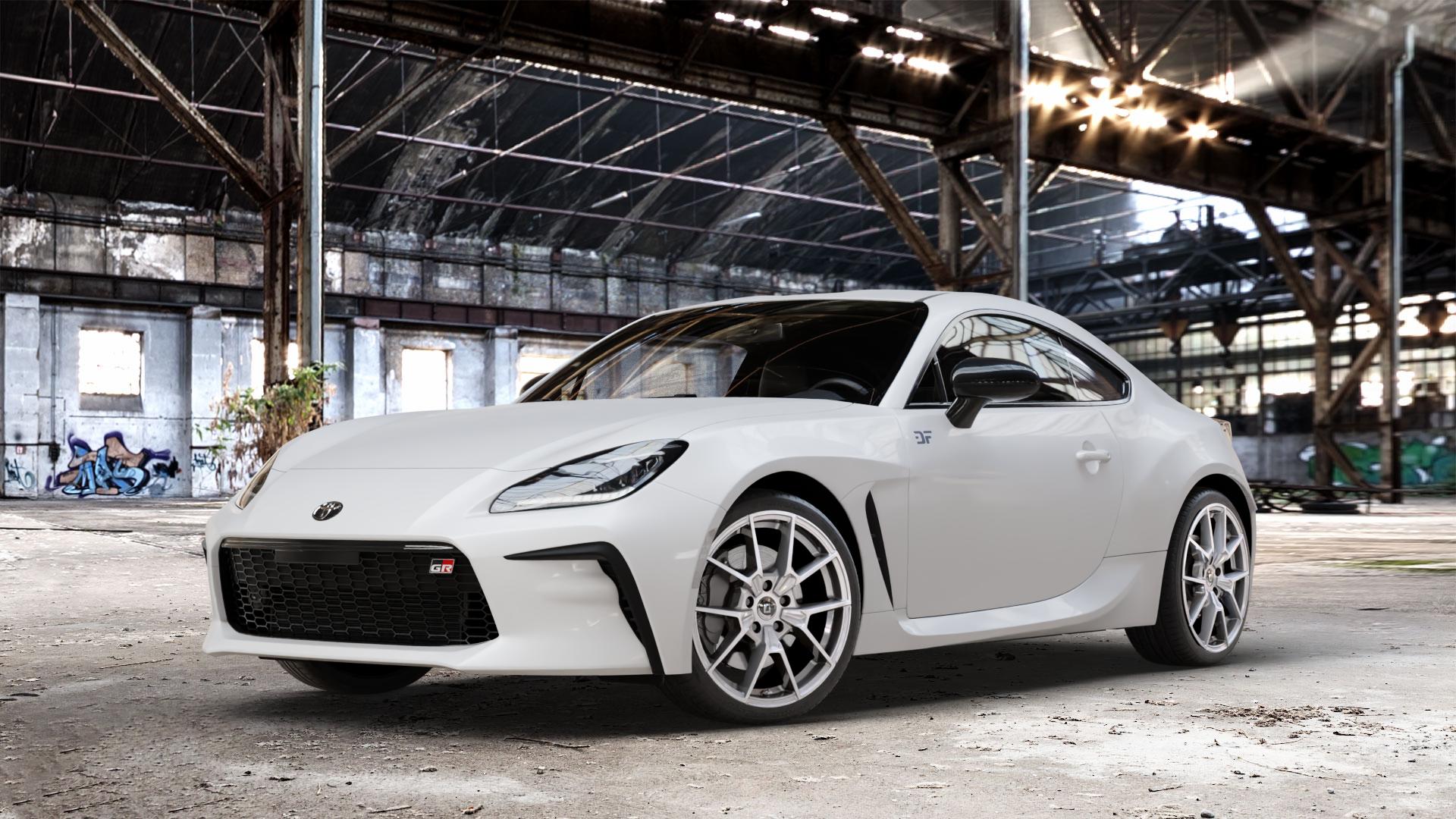 DIEWE WHEELS NEVE Silver Felge mit Reifen silber in 18Zoll Winterfelge Alufelge auf weissem Toyota GR86 Typ T2 ⬇️ mit 15mm Tieferlegung ⬇️ Old Industrial Hall_max_4400mm_2024 Frontansicht_1