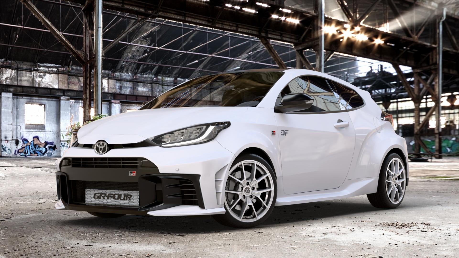 DIEWE WHEELS NEVE Silver Felge mit Reifen silber in 18Zoll Winterfelge Alufelge auf weissem Toyota Yaris IV GR Typ XPA1G(EU,M) Facelift ⬇️ mit 15mm Tieferlegung ⬇️ Old Industrial Hall_max_4400mm_2024 Frontansicht_1