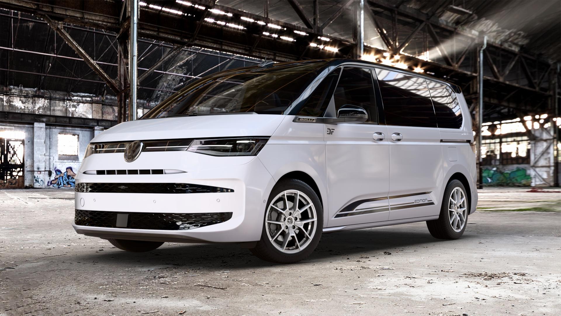 DIEWE WHEELS NEVE Silver Felge mit Reifen silber in 18Zoll Winterfelge Alufelge auf weissem und schwarzem Volkswagen (VW) T7 Multivan Bus ⬇️ mit 15mm Tieferlegung ⬇️ Old Industrial Hall_max_5300mm_2024 Frontansicht_1
