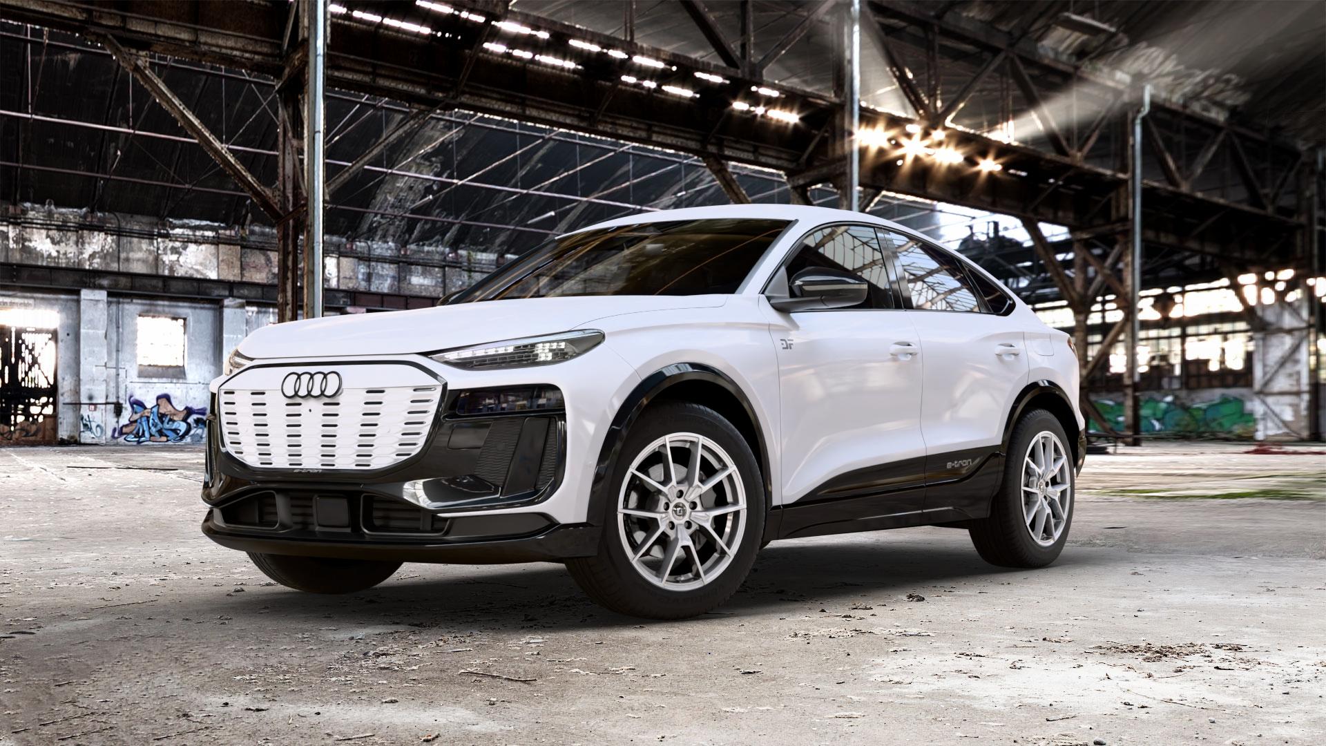 DIEWE WHEELS NEVE Silver Felge mit Reifen silber in 19Zoll Winterfelge Alufelge auf weissem Audi Q6 Sportback Typ GF 0,0l e-tron 100kW (136 PS) performance 120kW (163 quattro SQ6 ⬇️ mit 15mm Tieferlegung ⬇️ Old Industrial Hall_max_5300mm_2024 Frontansicht_1