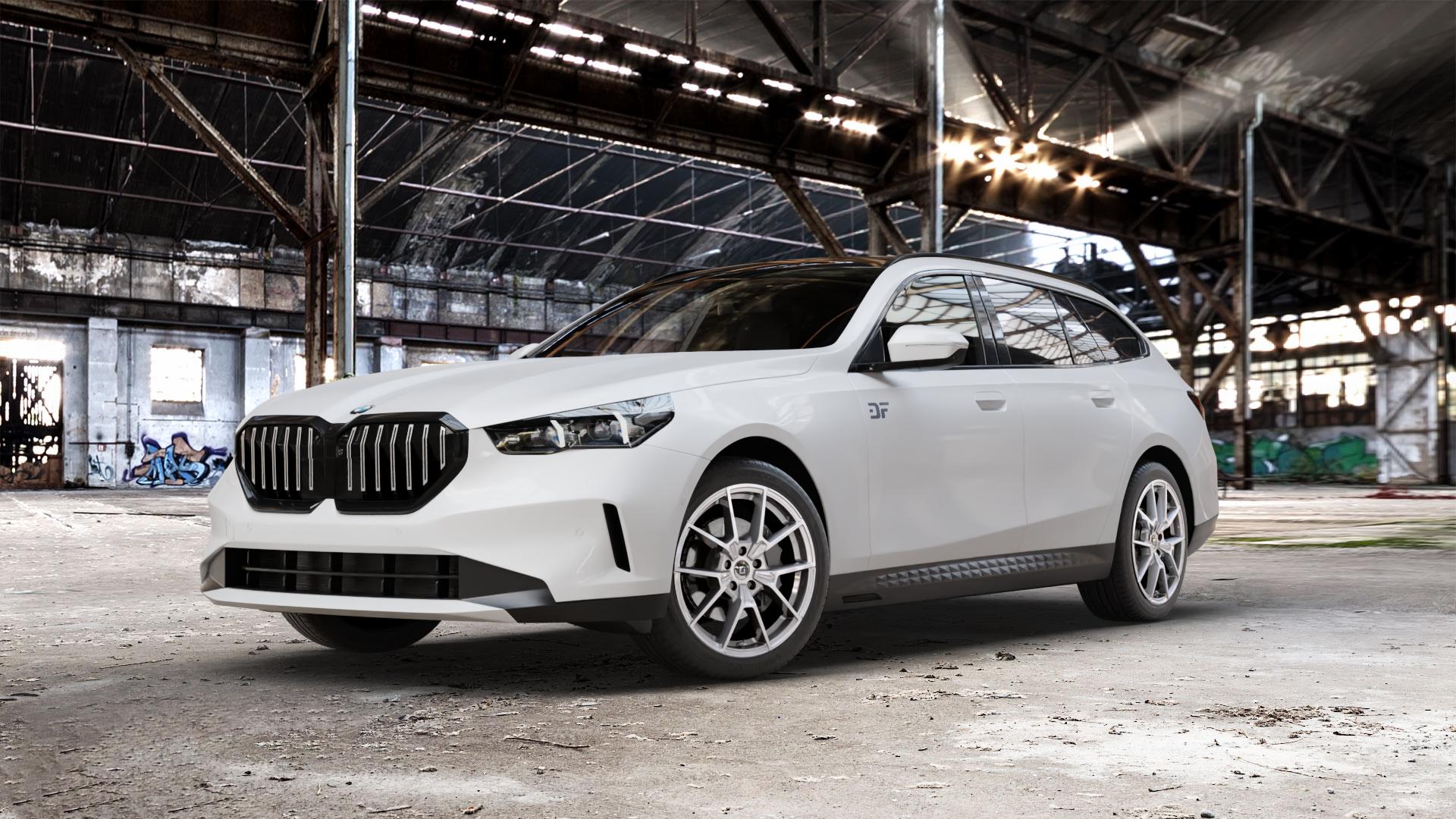 DIEWE WHEELS NEVE Silver Felge mit Reifen silber in 19Zoll Winterfelge Alufelge auf weissem BMW 520d Typ G61 (Touring) xDrive 5er Touring (G6K) ⬇️ mit 15mm Tieferlegung ⬇️ Old Industrial Hall_max_5300mm_2024 Frontansicht_1