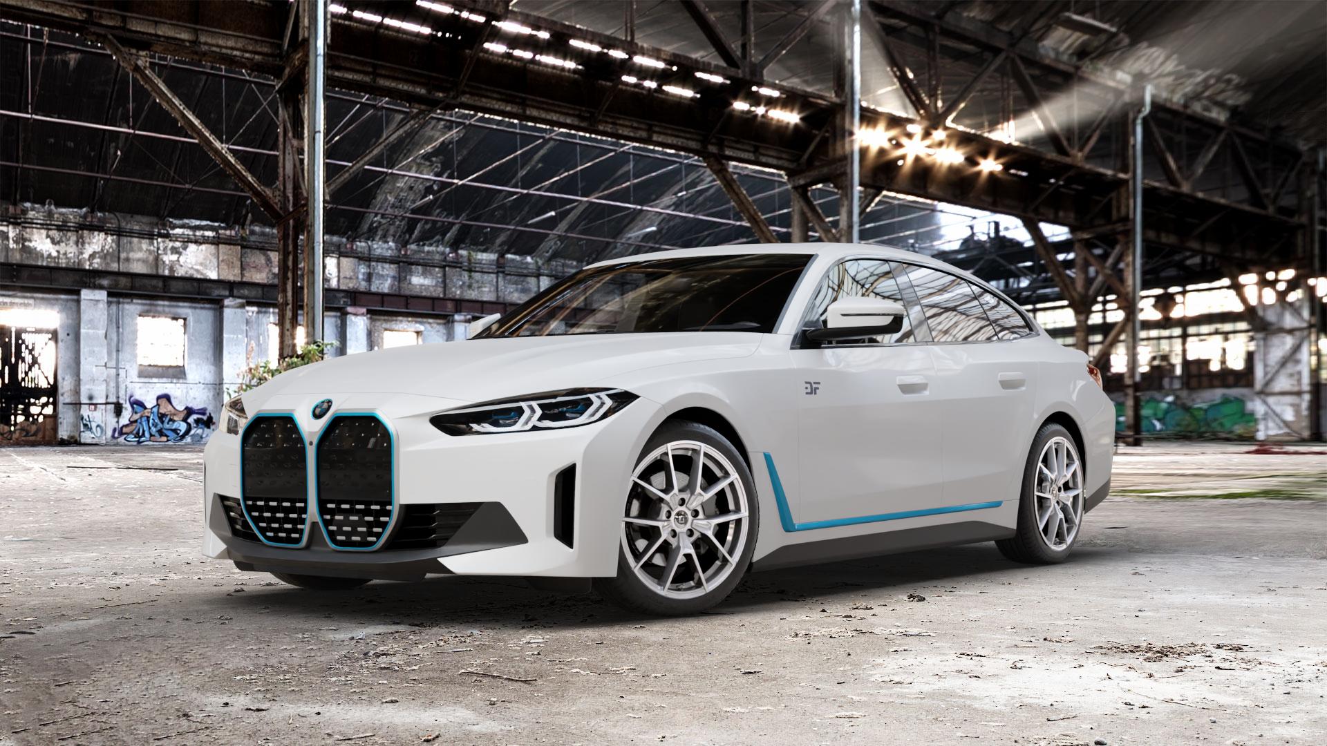 DIEWE WHEELS NEVE Silver Felge mit Reifen silber in 19Zoll Winterfelge Alufelge auf weissem BMW i4 (G4C) ⬇️ mit 15mm Tieferlegung ⬇️ Old Industrial Hall_max_5300mm_2024 Frontansicht_1