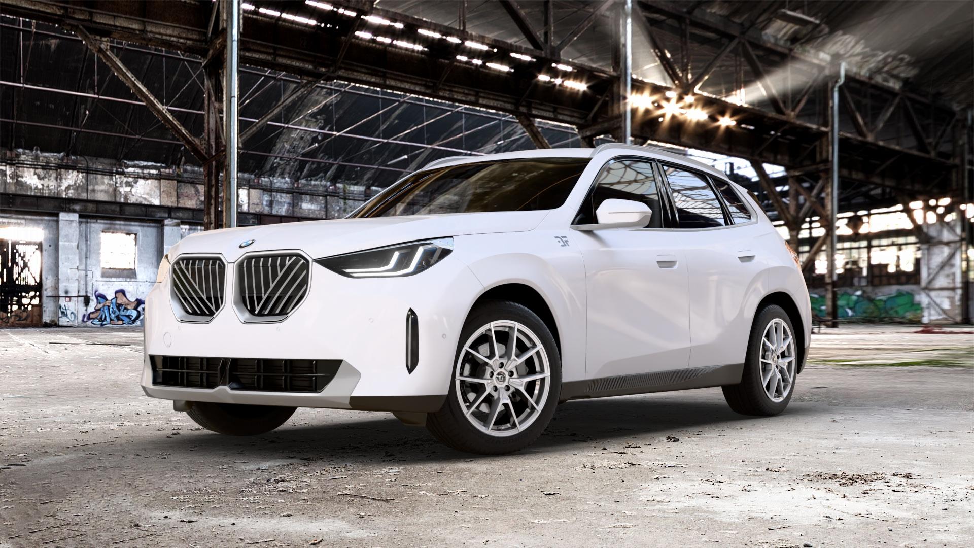 DIEWE WHEELS NEVE Silver Felge mit Reifen silber in 19Zoll Winterfelge Alufelge auf weissem BMW X3 Typ G45 (G3XN) ⬇️ mit 15mm Tieferlegung ⬇️ Old Industrial Hall_max_5300mm_2024 Frontansicht_1