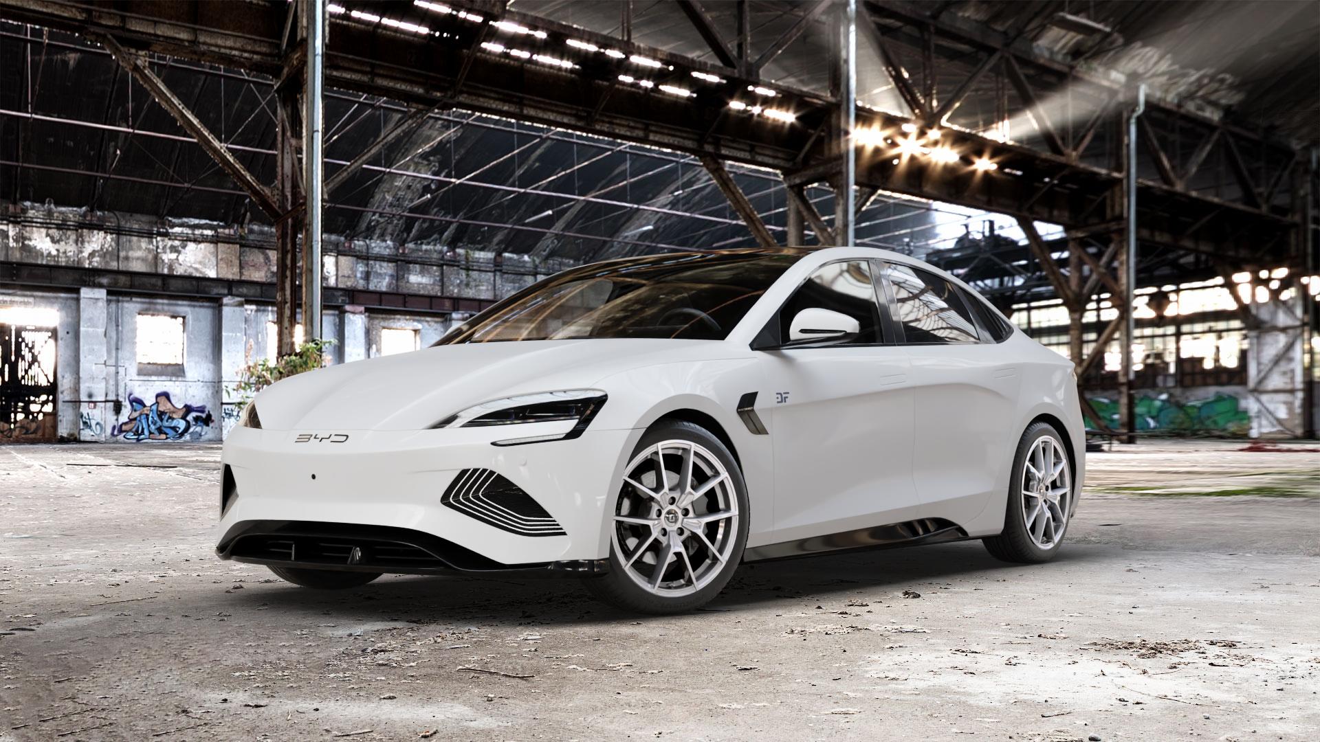 DIEWE WHEELS NEVE Silver Felge mit Reifen silber in 19Zoll Winterfelge Alufelge auf weissem BYD Seal Typ EK ⬇️ mit 15mm Tieferlegung ⬇️ Old Industrial Hall_max_5300mm_2024 Frontansicht_1