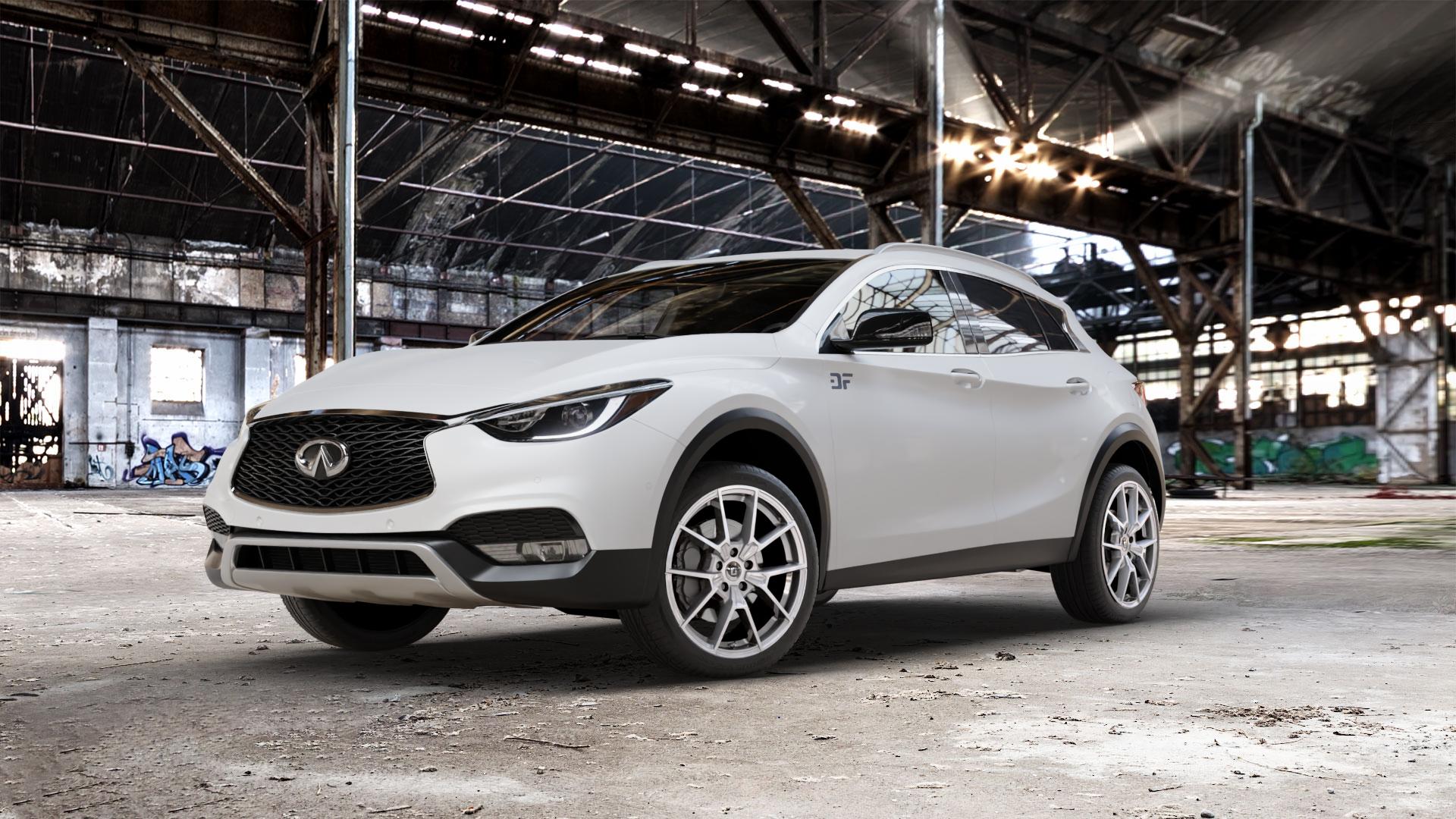 DIEWE WHEELS NEVE Silver Felge mit Reifen silber in 19Zoll Winterfelge Alufelge auf weissem Infiniti QX30 ⬇️ mit 15mm Tieferlegung ⬇️ Old Industrial Hall_max_5300mm_2024 Frontansicht_1