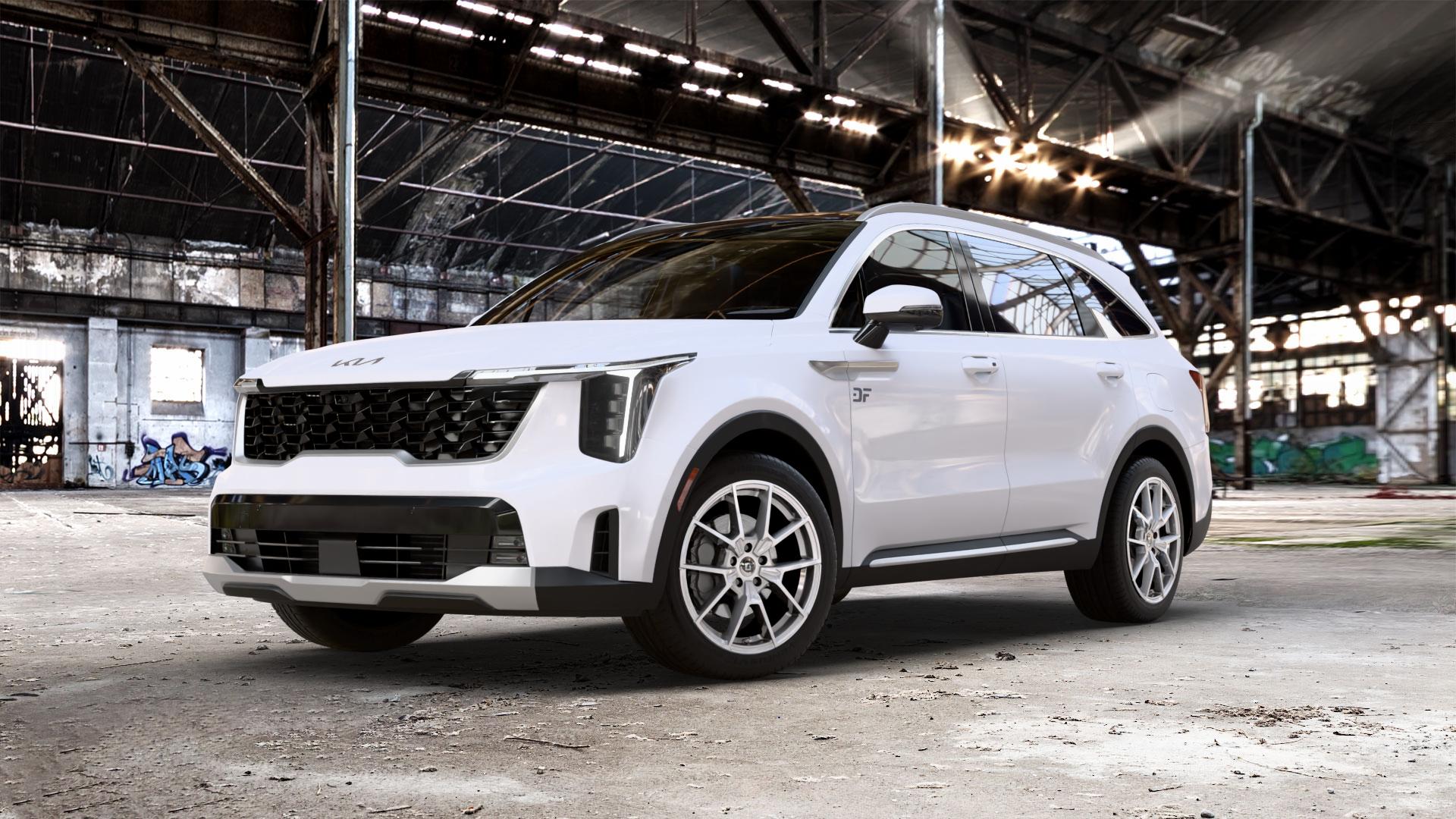 DIEWE WHEELS NEVE Silver Felge mit Reifen silber in 19Zoll Winterfelge Alufelge auf weissem Kia Sorento IV Typ MQ4 Facelift 1,6l T-GDI 118kW Plugin-Hybrid (160 PS) Mild-Hybrid ⬇️ mit 15mm Tieferlegung ⬇️ Old Industrial Hall_max_5300mm_2024 Frontansicht_1