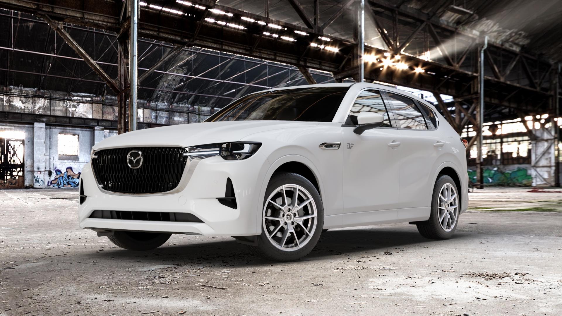 DIEWE WHEELS NEVE Silver Felge mit Reifen silber in 19Zoll Winterfelge Alufelge auf weissem Mazda CX-60 Typ KH01 CX ⬇️ mit 15mm Tieferlegung ⬇️ Old Industrial Hall_max_5300mm_2024 Frontansicht_1