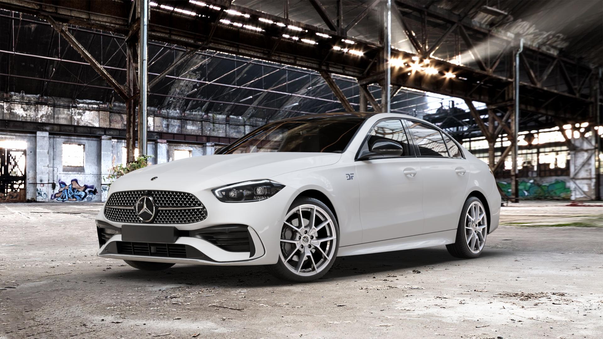 DIEWE WHEELS NEVE Silver Felge mit Reifen silber in 19Zoll Winterfelge Alufelge auf weissem Mercedes C-Klasse Typ W206 Limousine ⬇️ mit 15mm Tieferlegung ⬇️ Old Industrial Hall_max_5300mm_2024 Frontansicht_1
