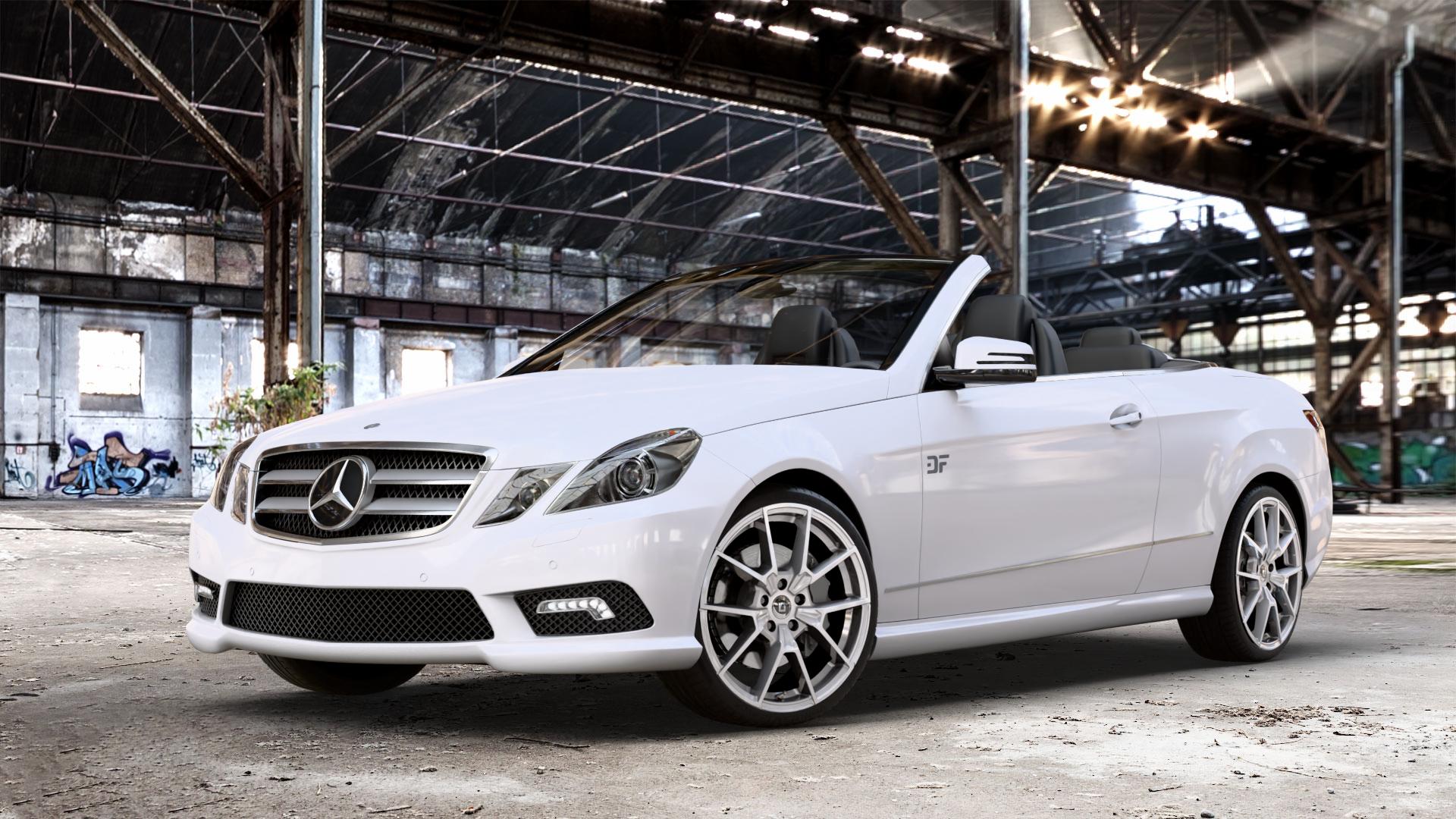 DIEWE WHEELS NEVE Silver Felge mit Reifen silber in 19Zoll Winterfelge Alufelge auf weissem Mercedes E-Klasse Typ A207 Cabriolet ⬇️ mit 15mm Tieferlegung ⬇️ Old Industrial Hall_max_4400mm_2024 Frontansicht_1