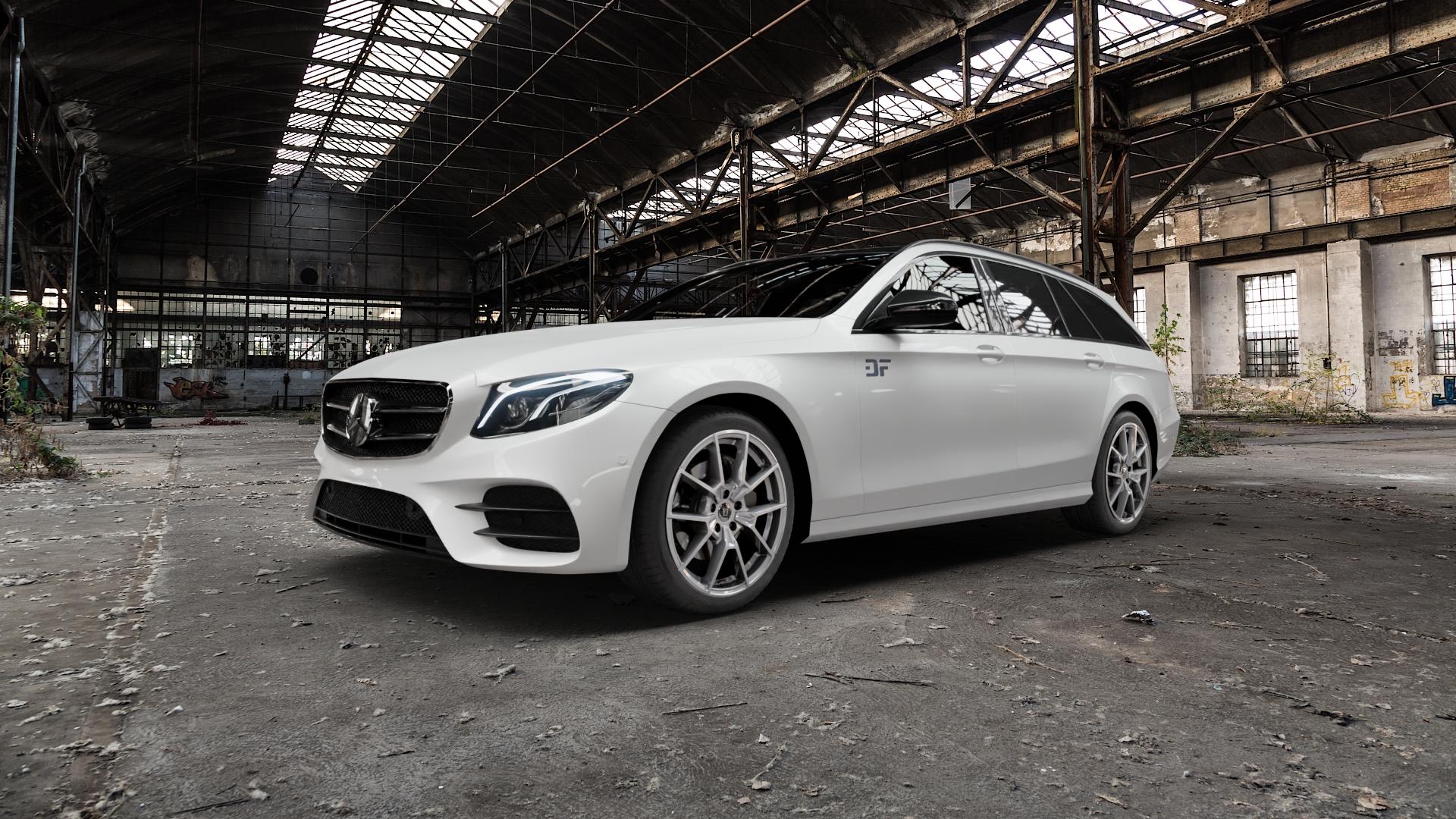 DIEWE WHEELS NEVE Silver Felge mit Reifen silber in 19Zoll Winterfelge Alufelge auf weissem Mercedes E-Klasse Typ S213 Kombi ⬇️ mit 15mm Tieferlegung ⬇️ Old Industrial Hall_max5000mm_2022 Frontansicht_1