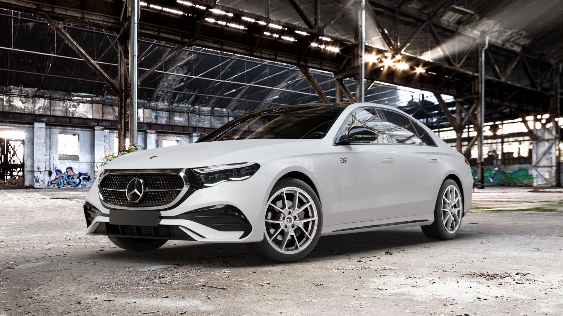 DIEWE WHEELS NEVE Silver Felge mit Reifen silber in 19Zoll Winterfelge Alufelge auf weissem Mercedes E-Klasse Typ W214 Limousine (R2EW) ⬇️ mit 15mm Tieferlegung ⬇️ Old Industrial Hall_max_5300mm_2024 Frontansicht_1