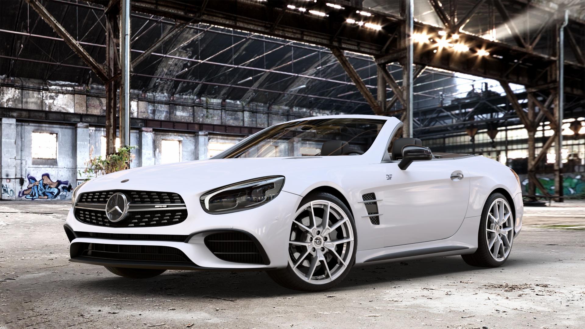 DIEWE WHEELS NEVE Silver Felge mit Reifen silber in 19Zoll Winterfelge Alufelge auf weissem Mercedes SL Typ R231 Facelift 5,5l 63 AMG 430kW (585 PS) 6,0l 65 463kW (630 420kW (571 ⬇️ mit 15mm Tieferlegung ⬇️ Old Industrial Hall_max_4400mm_2024 Frontansicht_1
