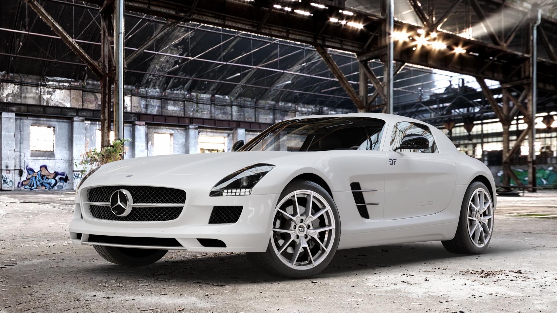 DIEWE WHEELS NEVE Silver Felge mit Reifen silber in 19Zoll Winterfelge Alufelge auf weissem Mercedes SLS Typ C197 Coupe 6,2l AMG 420kW (571 PS) GT 435kW (591 Black Series 464kW (631 ⬇️ mit 15mm Tieferlegung ⬇️ Old Industrial Hall_max_4400mm_2024 Frontansicht_1