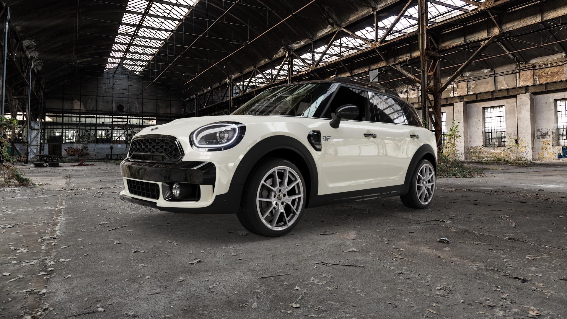 DIEWE WHEELS NEVE Silver Felge mit Reifen silber in 19Zoll Winterfelge Alufelge auf weissem Mini F60 Typ FMX (Countryman) ⬇️ mit 15mm Tieferlegung ⬇️ Old Industrial Hall_max5000mm_2022 Frontansicht_1