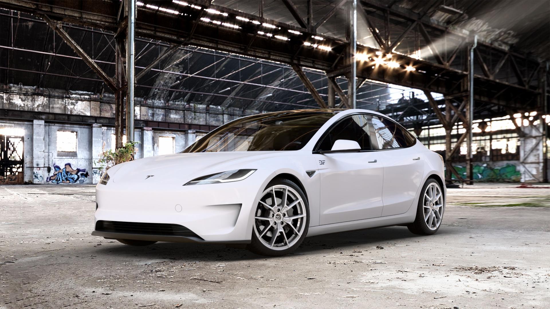DIEWE WHEELS NEVE Silver Felge mit Reifen silber in 19Zoll Winterfelge Alufelge auf weissem Tesla Model 3 Typ 003 Facelift 0,0l Performance 190kW 4WD (258 PS) ⬇️ mit 15mm Tieferlegung ⬇️ Old Industrial Hall_max_5300mm_2024 Frontansicht_1