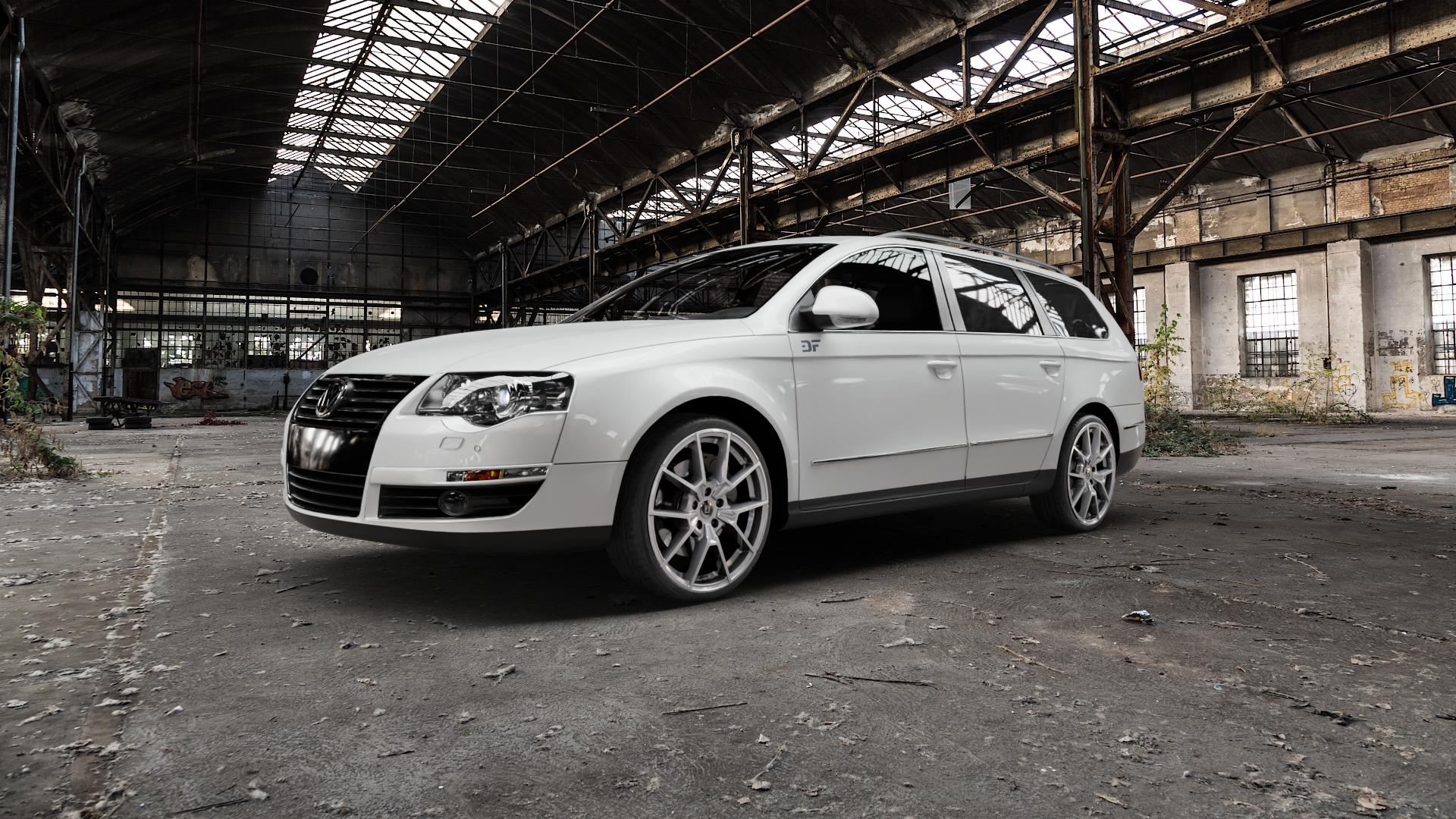DIEWE WHEELS NEVE Silver Felge mit Reifen silber in 19Zoll Winterfelge Alufelge auf weissem Volkswagen (VW) Passat 3C/B6 Variant ⬇️ mit 15mm Tieferlegung ⬇️ Old Industrial Hall_max5000mm_2022 Frontansicht_1