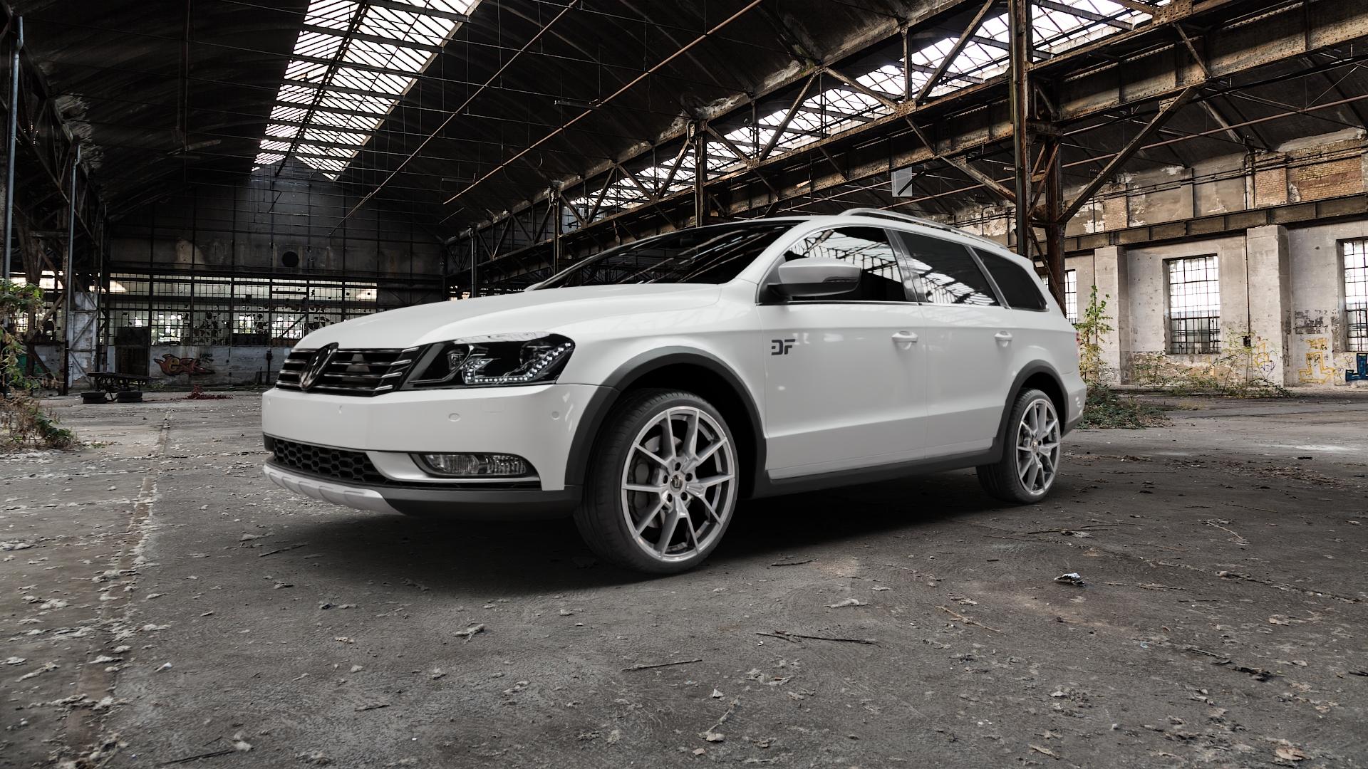 DIEWE WHEELS NEVE Silver Felge mit Reifen silber in 19Zoll Winterfelge Alufelge auf weissem Volkswagen (VW) Passat 3C/B7 Alltrack ⬇️ mit 15mm Tieferlegung ⬇️ Old Industrial Hall_max5000mm_2022 Frontansicht_1