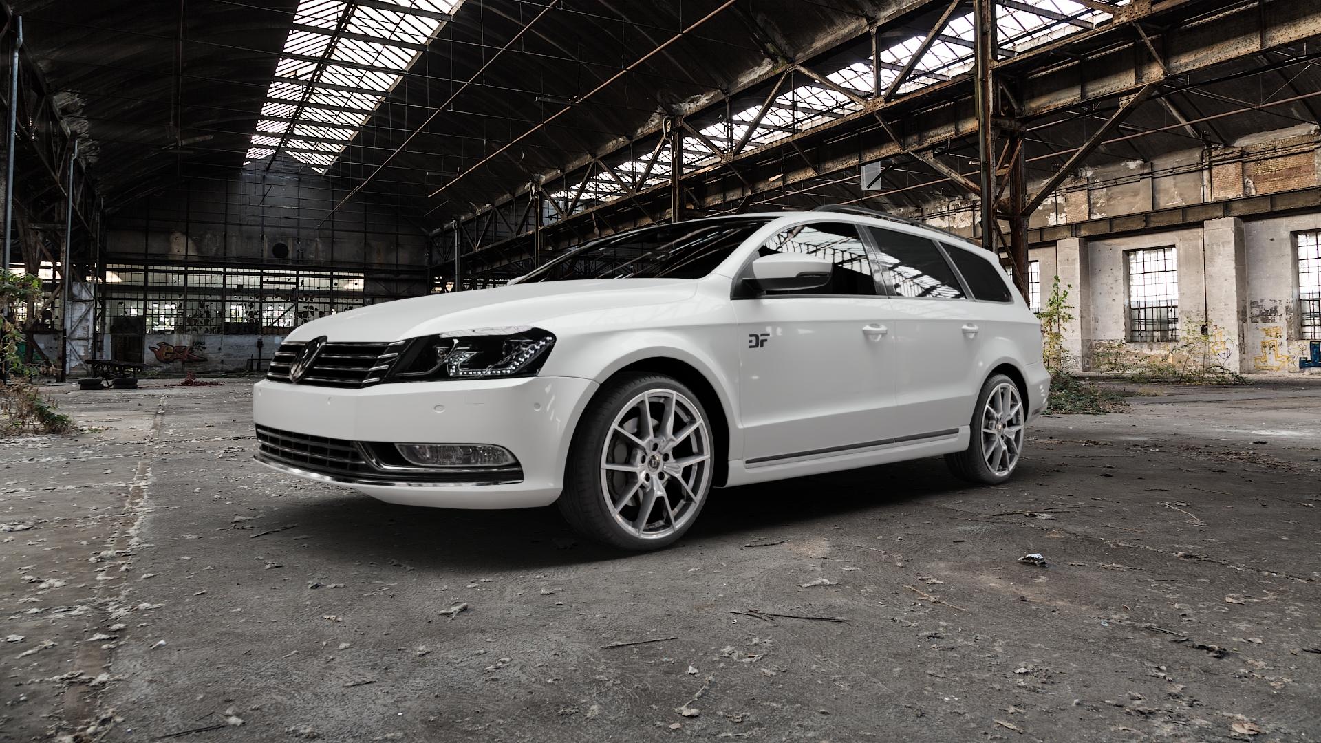 DIEWE WHEELS NEVE Silver Felge mit Reifen silber in 19Zoll Winterfelge Alufelge auf weissem Volkswagen (VW) Passat 3C/B7 Variant ⬇️ mit 15mm Tieferlegung ⬇️ Old Industrial Hall_max5000mm_2022 Frontansicht_1