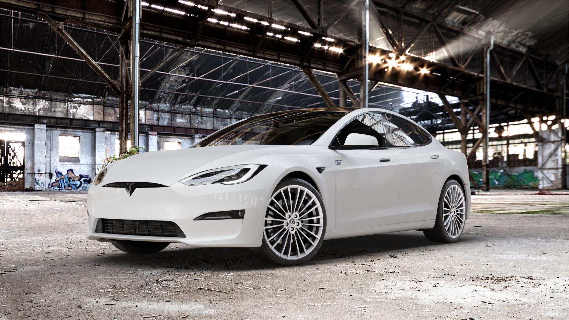 DIEWE WHEELS PRESTO Argento silber Felge mit Reifen in 21Zoll Winterfelge Alufelge auf weissem Tesla Model S Typ 004 ⬇️ mit 15mm Tieferlegung ⬇️ Old Industrial Hall_max_5300mm_2024 Frontansicht_1