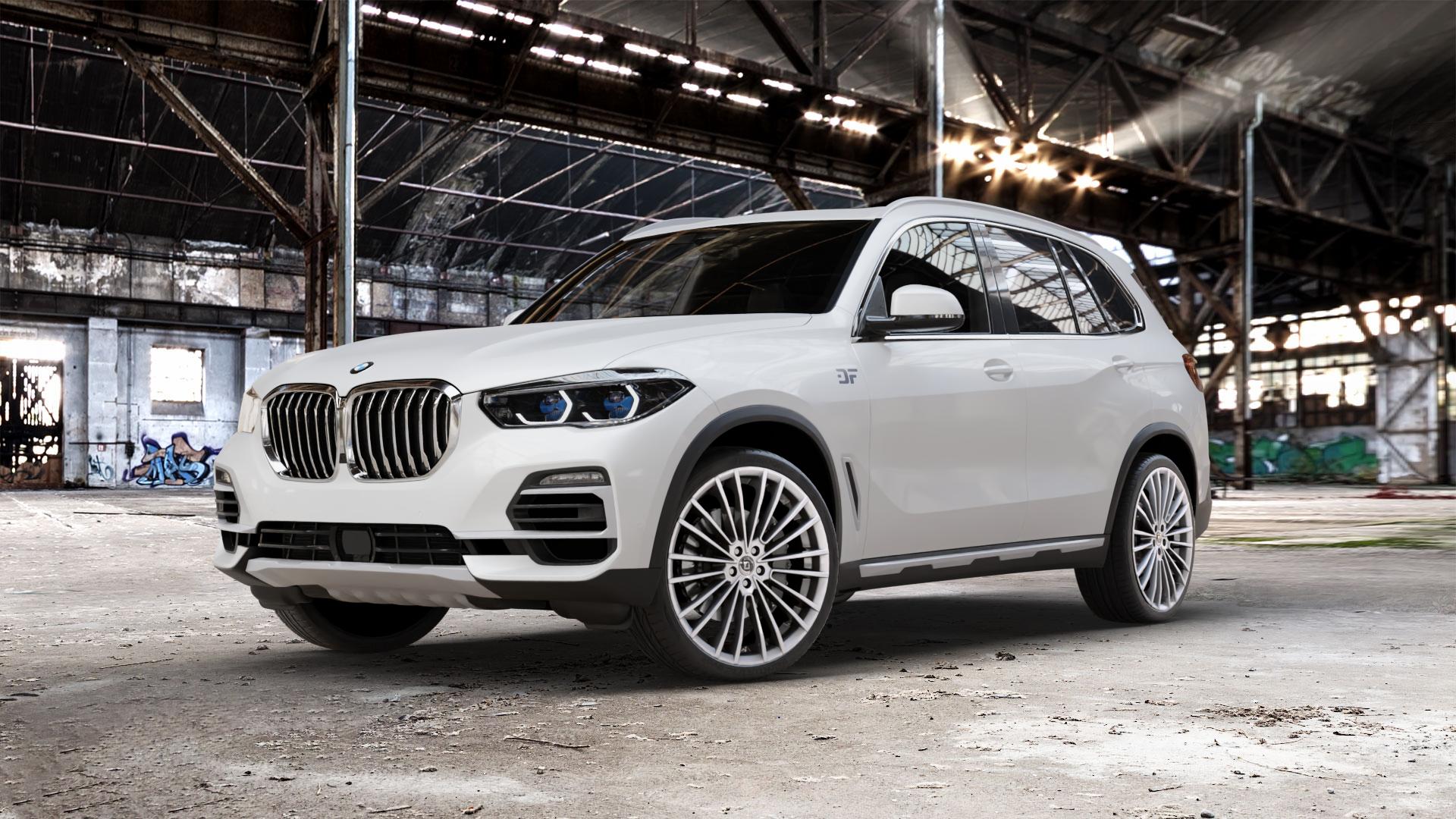 DIEWE WHEELS PRESTO Argento silber Felge mit Reifen in 22Zoll Winterfelge Alufelge auf weissem BMW X5 Typ G05 (G5X) ⬇️ mit 15mm Tieferlegung ⬇️ Old Industrial Hall_max_5300mm_2024 Frontansicht_1