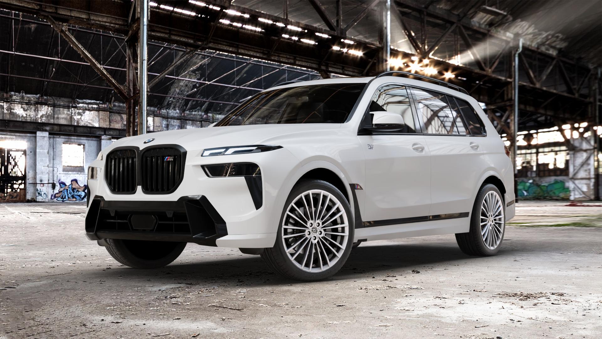 DIEWE WHEELS PRESTO Argento silber Felge mit Reifen in 22Zoll Winterfelge Alufelge auf weissem BMW X7 Typ G07 (G7X) Facelift ⬇️ mit 15mm Tieferlegung ⬇️ Old Industrial Hall_max_5300mm_2024 Frontansicht_1