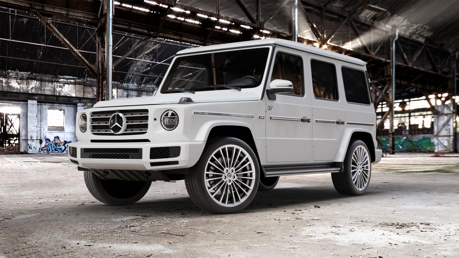 DIEWE WHEELS PRESTO Argento silber Felge mit Reifen in 22Zoll Winterfelge Alufelge auf weissem Mercedes G-Klasse Typ W463 Facelift (18->) ⬇️ mit 15mm Tieferlegung ⬇️ Old Industrial Hall_max_5300mm_2024 Frontansicht_1