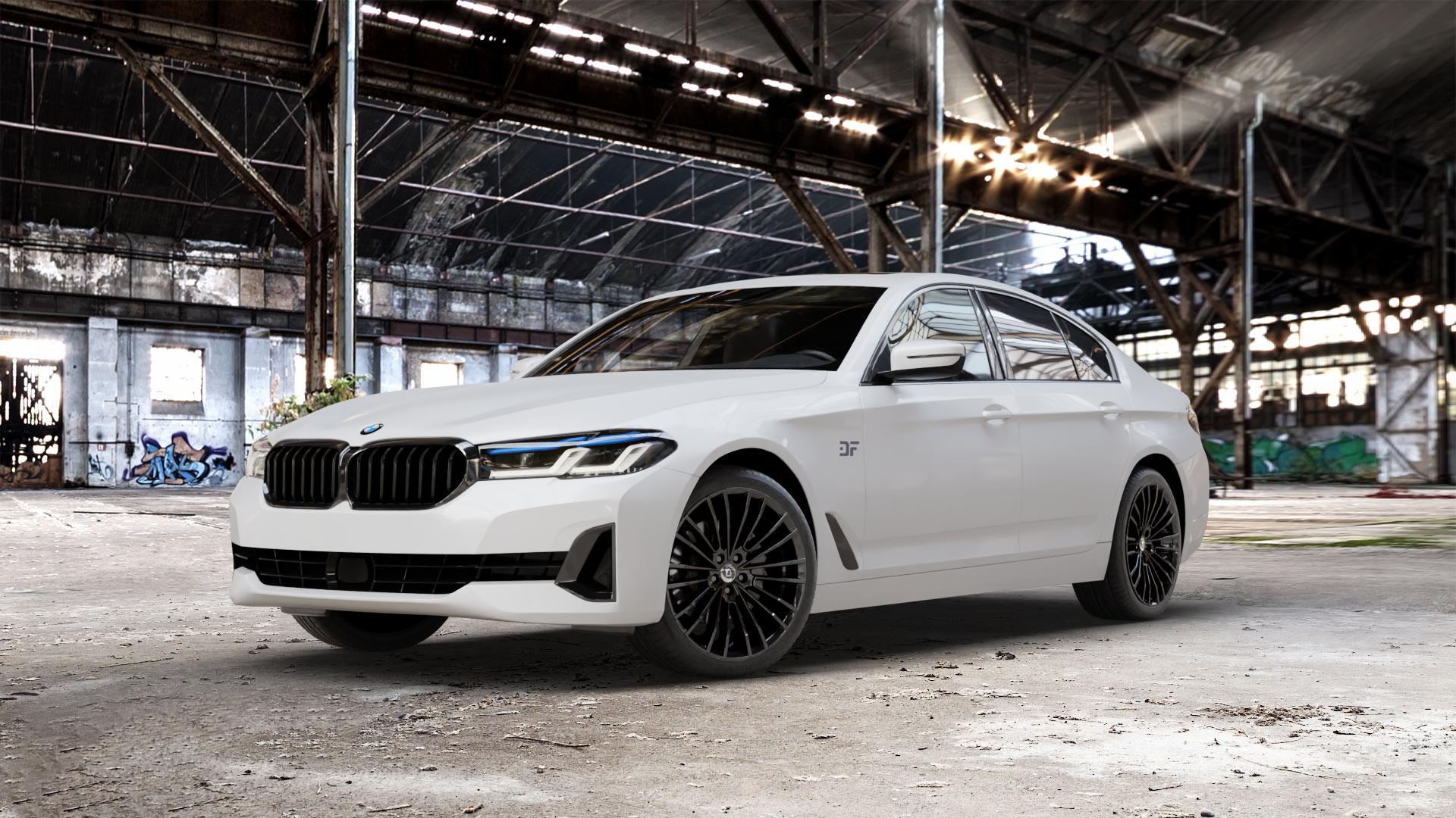 DIEWE WHEELS PRESTO NeroS Felge mit Reifen grau schwarz in 19Zoll Winterfelge Alufelge auf weissem BMW 5er G30 Limousine (G5L) Facelift ⬇️ mit 15mm Tieferlegung ⬇️ Old Industrial Hall_max_5300mm_2024 Frontansicht_1