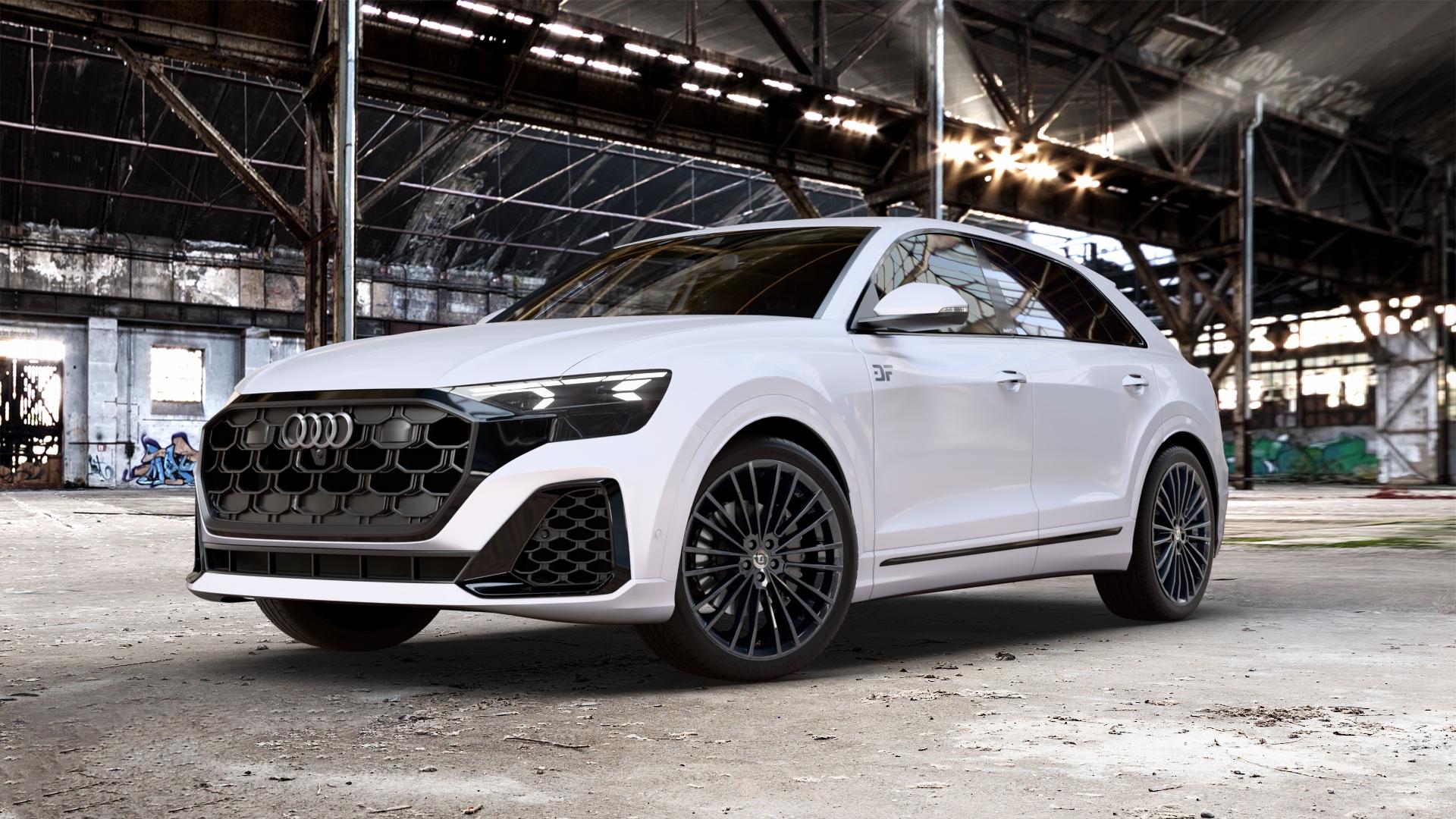 DIEWE WHEELS PRESTO NeroS Felge mit Reifen grau schwarz in 22Zoll Winterfelge Alufelge auf weißem Audi Q8 Typ 4M (4L) Facelift ⬇️ mit 15mm Tieferlegung ⬇️ Old Industrial Hall_max_5300mm_2024 Frontansicht_1