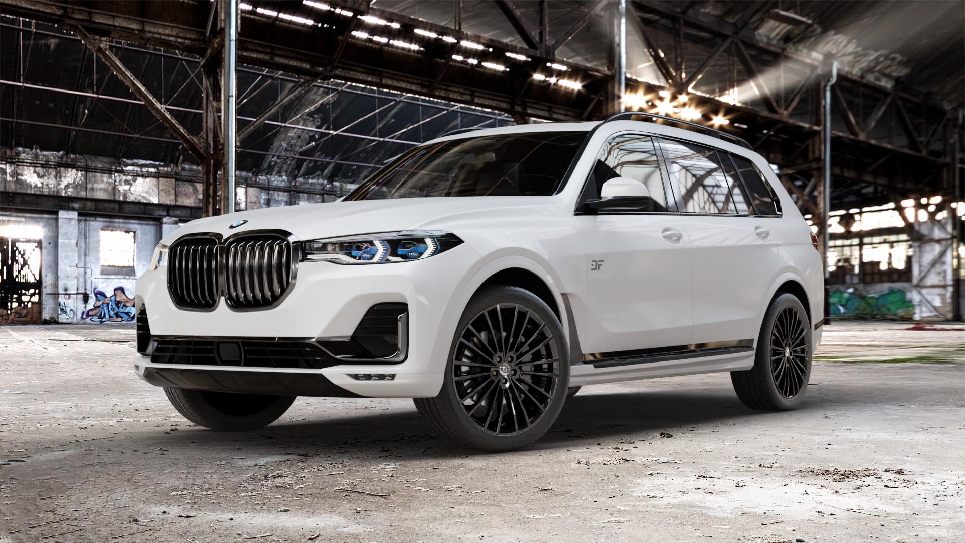 DIEWE WHEELS PRESTO NeroS Felge mit Reifen grau schwarz in 22Zoll Winterfelge Alufelge auf weissem BMW X7 Typ G07 (G7X) ⬇️ mit 15mm Tieferlegung ⬇️ Old Industrial Hall_max_5300mm_2024 Frontansicht_1