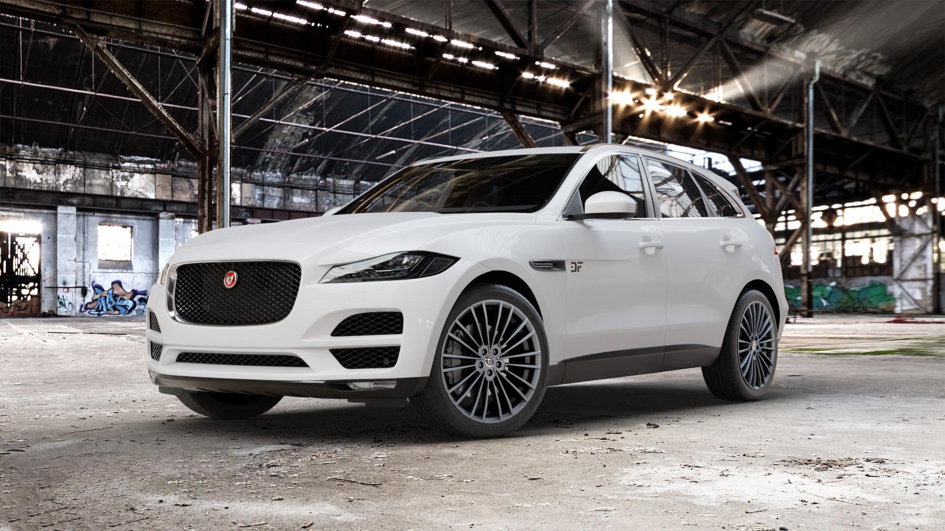 DIEWE WHEELS PRESTO Platin Felge mit Reifen grau grau/silber in 21Zoll Winterfelge Alufelge auf weissem Jaguar F-Pace Typ DC ⬇️ mit 15mm Tieferlegung ⬇️ Old Industrial Hall_max_5300mm_2024 Frontansicht_1