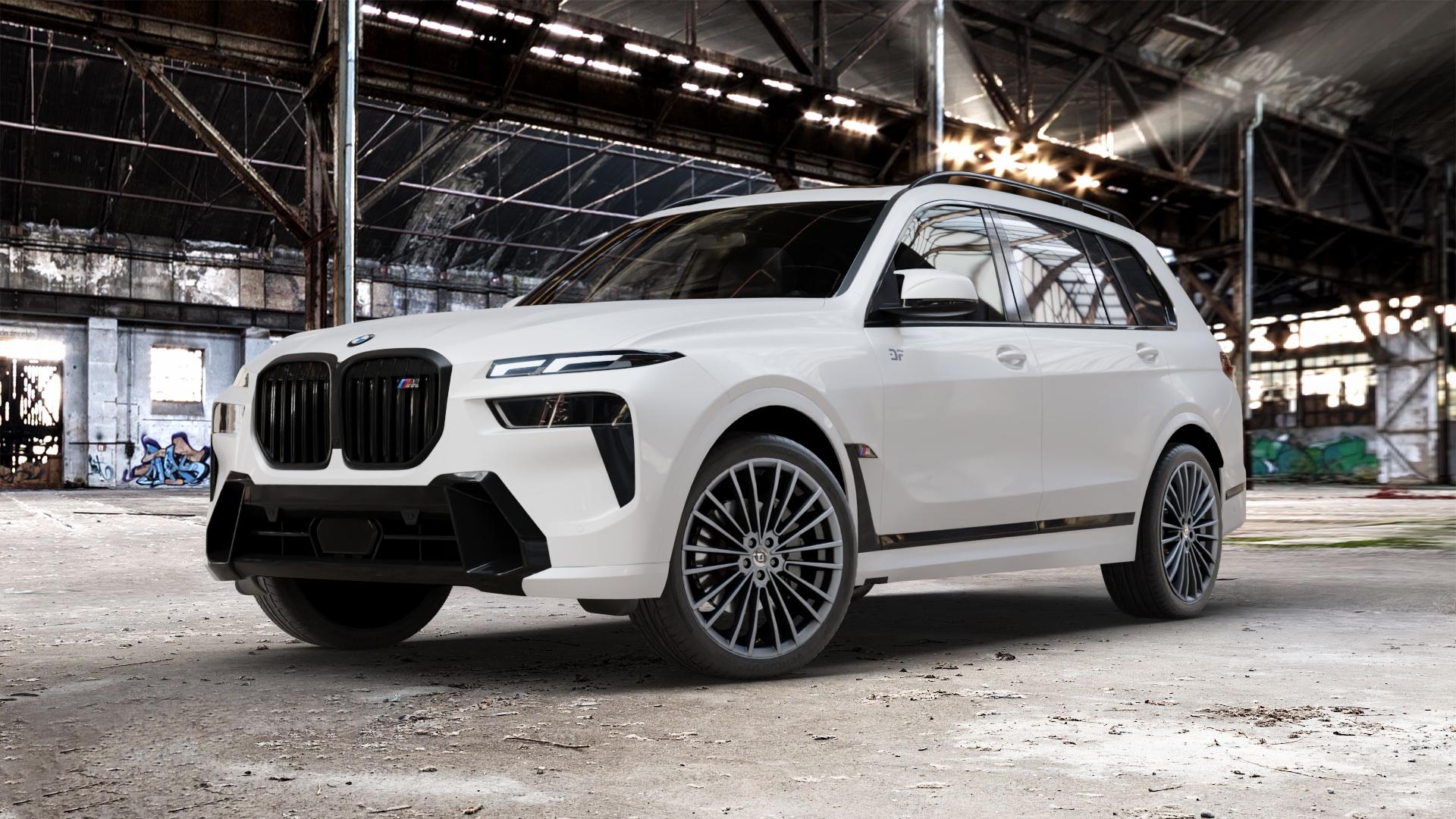 DIEWE WHEELS PRESTO Platin Felge mit Reifen grau grau/silber in 22Zoll Winterfelge Alufelge auf weissem BMW X7 Typ G07 (G7X) Facelift ⬇️ mit 15mm Tieferlegung ⬇️ Old Industrial Hall_max_5300mm_2024 Frontansicht_1