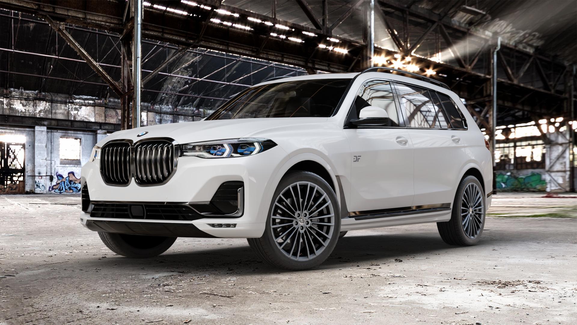 DIEWE WHEELS PRESTO Platin Felge mit Reifen grau grau/silber in 22Zoll Winterfelge Alufelge auf weissem BMW X7 Typ G07 (G7X) ⬇️ mit 15mm Tieferlegung ⬇️ Old Industrial Hall_max_5300mm_2024 Frontansicht_1