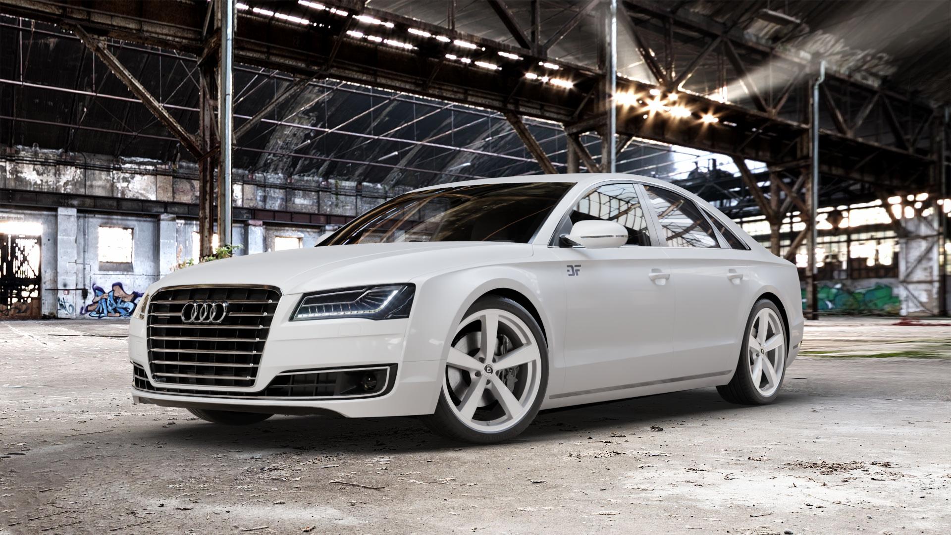 DIEWE WHEELS TRINA Argento silber Felge mit Reifen in 21Zoll Winterfelge Alufelge auf weissem Audi A8 Typ D4/4H Facelift ⬇️ mit 15mm Tieferlegung ⬇️ Old Industrial Hall_max_5300mm_2024 Frontansicht_1