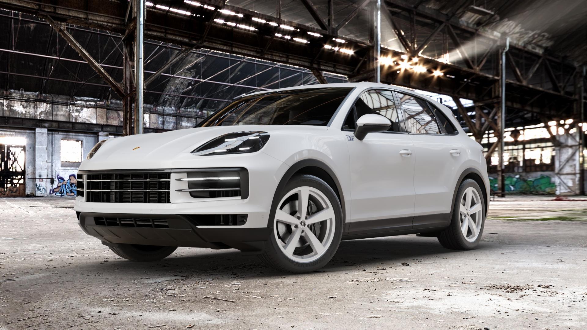 DIEWE WHEELS TRINA Argento silber Felge mit Reifen in 21Zoll Winterfelge Alufelge auf weissem Porsche Cayenne III Typ 9YA Facelift ⬇️ mit 15mm Tieferlegung ⬇️ Old Industrial Hall_max_5300mm_2024 Frontansicht_1