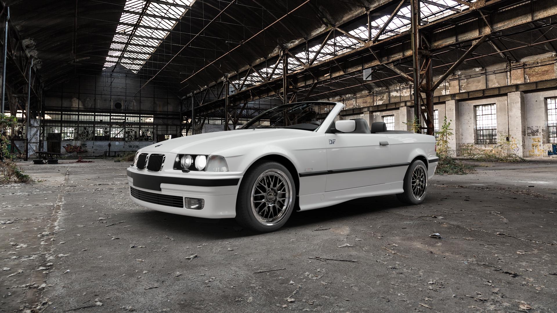 DOTZ BILBAO GUNMETAL/POLISHED LIP Felge mit Reifen grau silber mehrfarbig anthrazit in 17Zoll Winterfelge Alufelge auf weissem BMW 318i Typ E36 (Cabrio) 320i 323i 325i 328i 3er Cabrio (3/B) ⬇️ mit 15mm Tieferlegung ⬇️ Old Industrial Hall_max5000mm_2022 Frontansicht_1