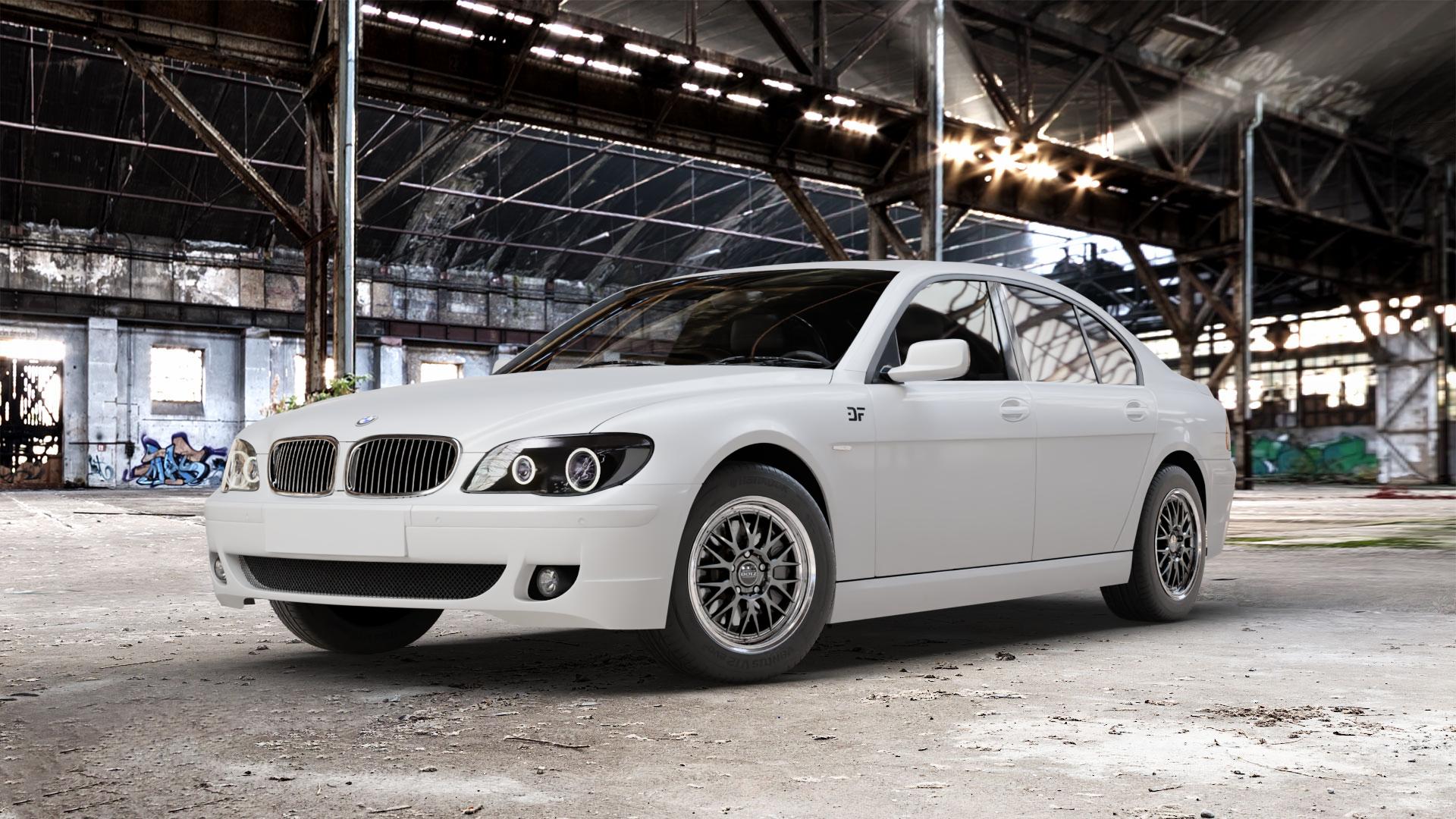 DOTZ BILBAO GUNMETAL/POLISHED LIP Felge mit Reifen grau silber mehrfarbig anthrazit in 17Zoll Winterfelge Alufelge auf weissem BMW 7er E65 Limousine (765, 767) E66 lang ⬇️ mit 15mm Tieferlegung ⬇️ Old Industrial Hall_max_5300mm_2024 Frontansicht_1