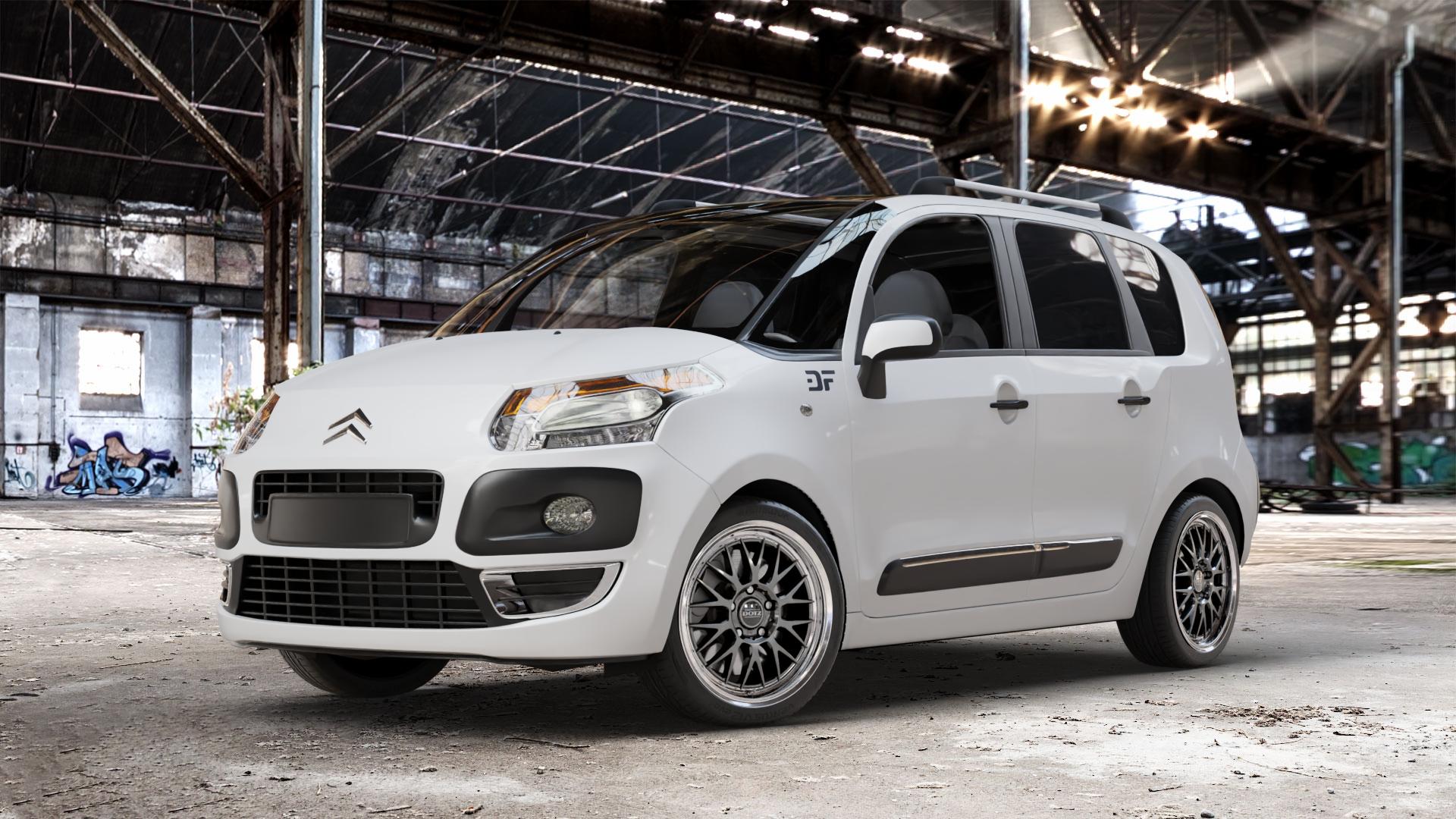 DOTZ BILBAO GUNMETAL/POLISHED LIP Felge mit Reifen grau silber mehrfarbig anthrazit in 17Zoll Winterfelge Alufelge auf weissem Citroen C3 Picasso ⬇️ mit 15mm Tieferlegung ⬇️ Old Industrial Hall_max_4400mm_2024 Frontansicht_1