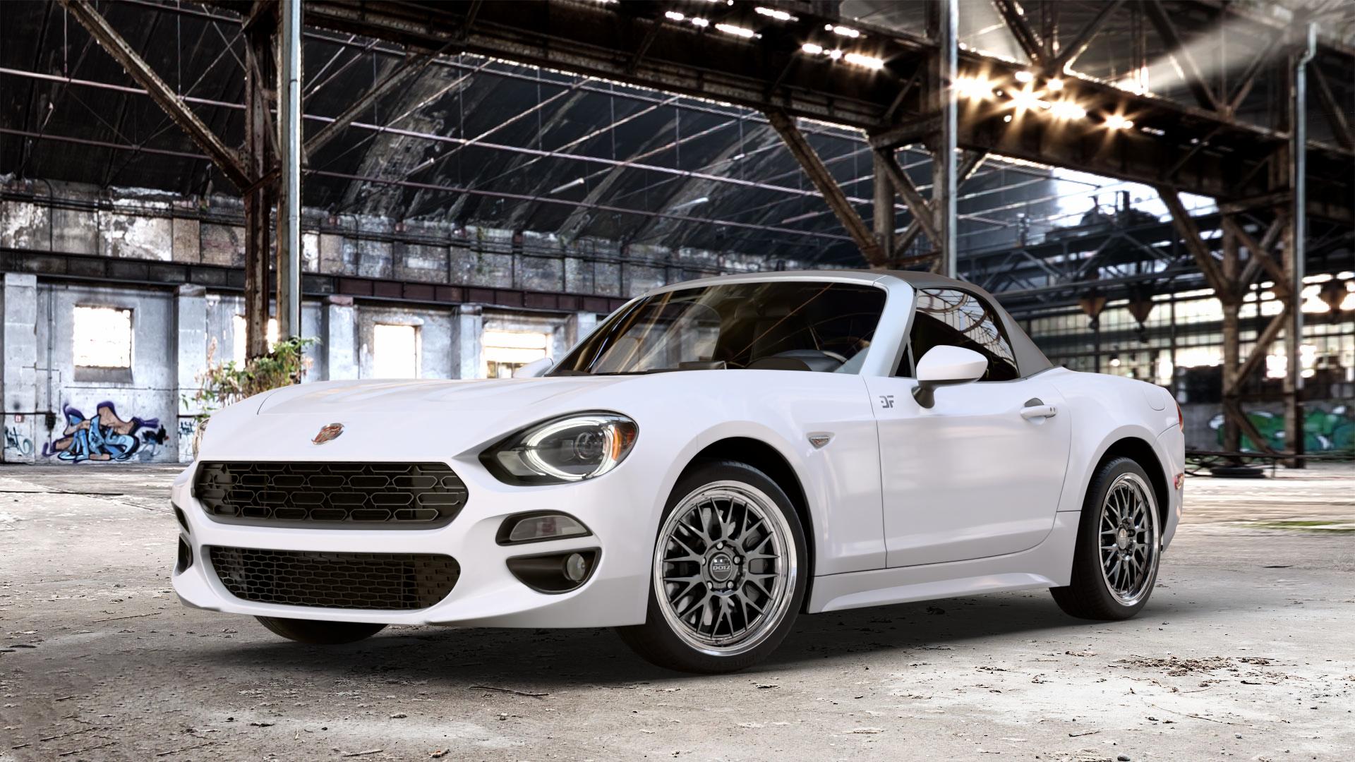 DOTZ BILBAO GUNMETAL/POLISHED LIP Felge mit Reifen grau silber mehrfarbig anthrazit in 17Zoll Winterfelge Alufelge auf weissem Fiat 124 Spider Typ NF ⬇️ mit 15mm Tieferlegung ⬇️ Old Industrial Hall_max_4400mm_2024 Frontansicht_1