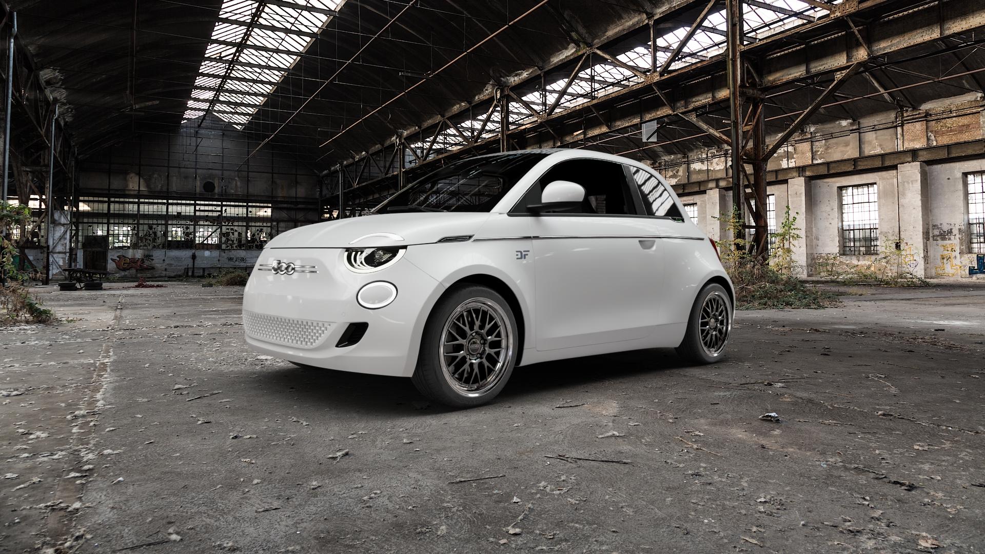 DOTZ BILBAO GUNMETAL/POLISHED LIP Felge mit Reifen grau silber mehrfarbig anthrazit in 17Zoll Winterfelge Alufelge auf weissem Fiat 500e Typ FA1 Cabrio ⬇️ mit 15mm Tieferlegung ⬇️ Old Industrial Hall_max5000mm_2022 Frontansicht_1