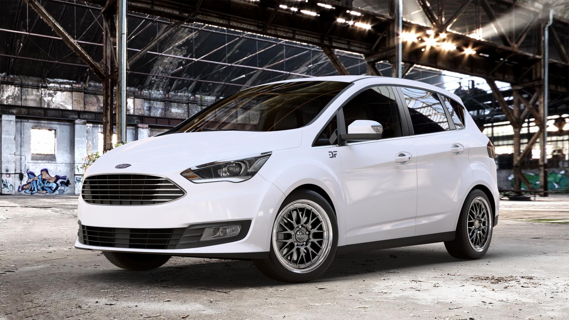 DOTZ BILBAO GUNMETAL/POLISHED LIP Felge mit Reifen grau silber mehrfarbig anthrazit in 17Zoll Winterfelge Alufelge auf weissem Ford C-Max II Typ DXA Facelift (15->) ⬇️ mit 15mm Tieferlegung ⬇️ Old Industrial Hall_max_4400mm_2024 Frontansicht_1