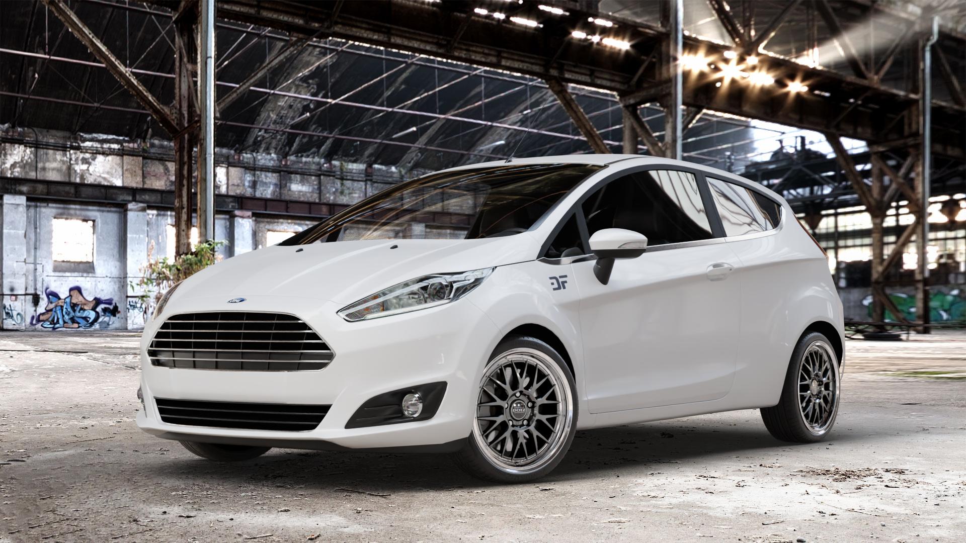 DOTZ BILBAO GUNMETAL/POLISHED LIP Felge mit Reifen grau silber mehrfarbig anthrazit in 17Zoll Winterfelge Alufelge auf weissem Ford Fiesta VI Typ JA8 Facelift ⬇️ mit 15mm Tieferlegung ⬇️ Old Industrial Hall_max_4400mm_2024 Frontansicht_1