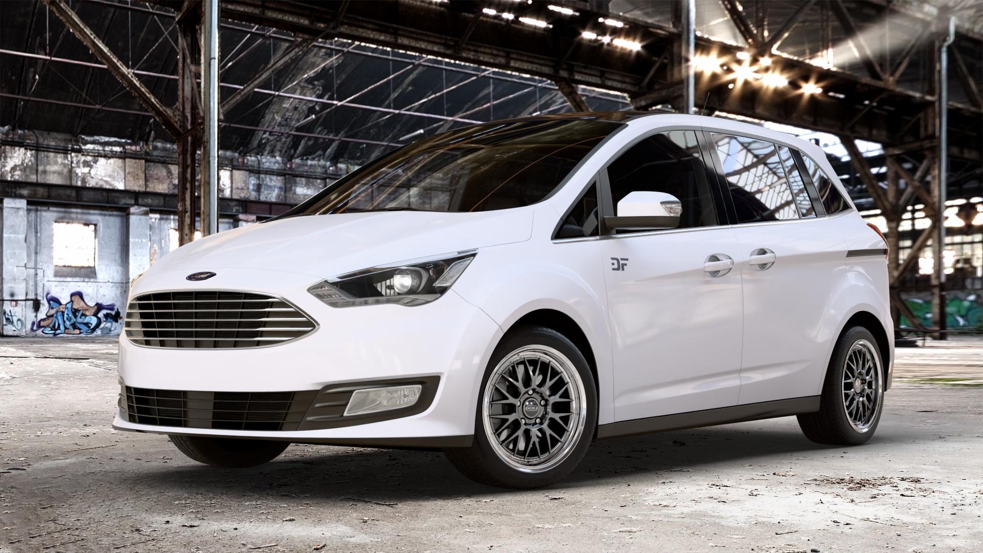 DOTZ BILBAO GUNMETAL/POLISHED LIP Felge mit Reifen grau silber mehrfarbig anthrazit in 17Zoll Winterfelge Alufelge auf weissem Ford Grand C-Max Typ DXA Facelift (15->) ⬇️ mit 15mm Tieferlegung ⬇️ Old Industrial Hall_max_4400mm_2024 Frontansicht_1