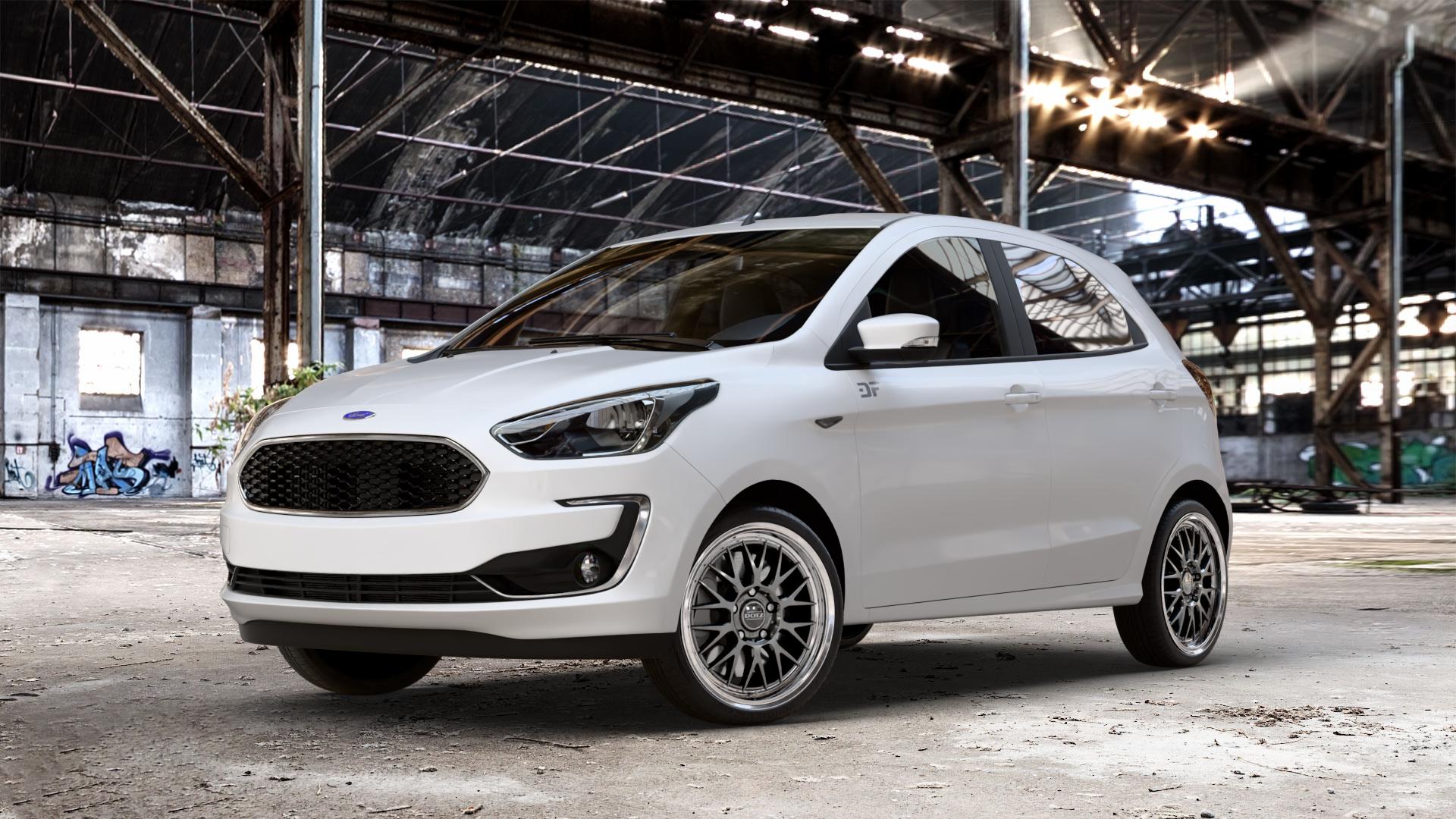 DOTZ BILBAO GUNMETAL/POLISHED LIP Felge mit Reifen grau silber mehrfarbig anthrazit in 17Zoll Winterfelge Alufelge auf weissem Ford KA+ Typ KAF ACTIVE Facelift KA ⬇️ mit 15mm Tieferlegung ⬇️ Old Industrial Hall_max_4400mm_2024 Frontansicht_1