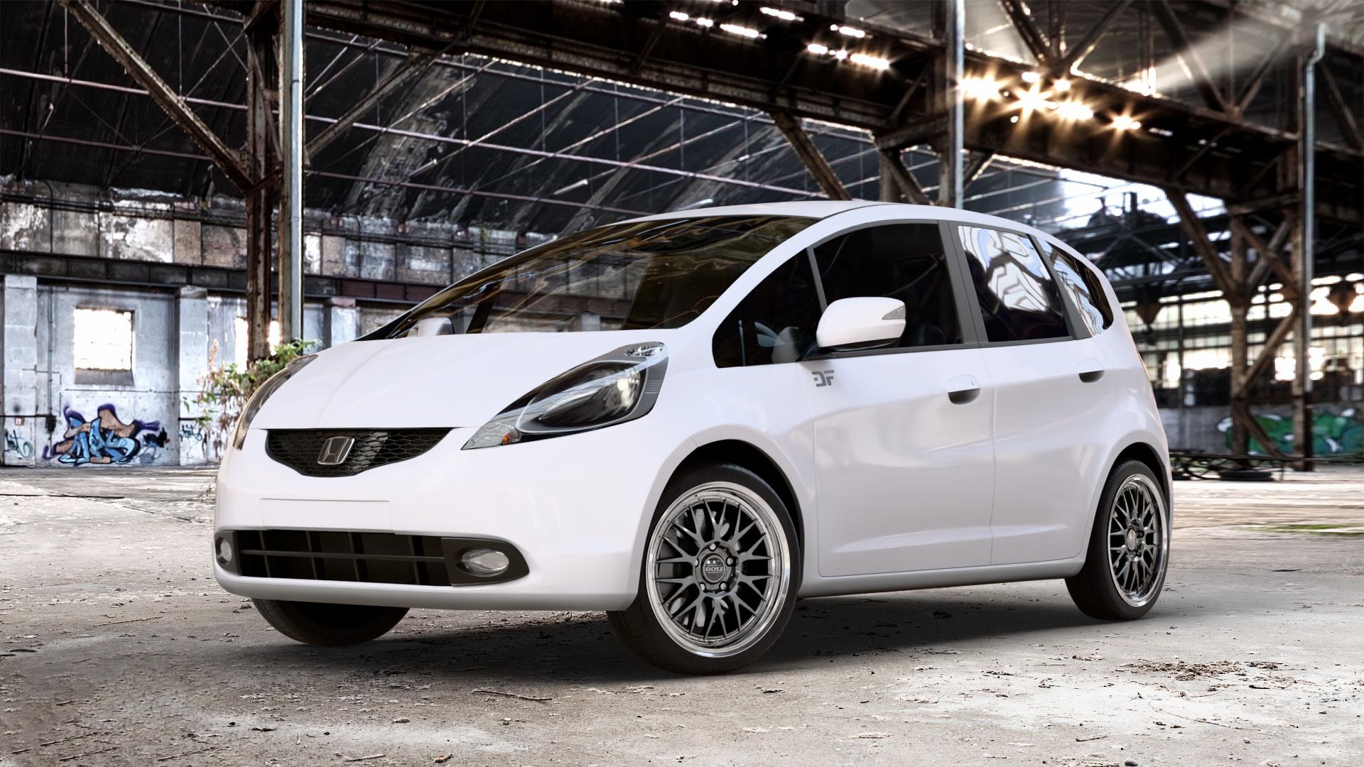 DOTZ BILBAO GUNMETAL/POLISHED LIP Felge mit Reifen grau silber mehrfarbig anthrazit in 17Zoll Winterfelge Alufelge auf weissem Honda Jazz III (GG, GE) 1,2l i-VTEC 66kW GG5 (90 PS) 1,4l 73kW GG6 (99 GG3 GE6 GG1 GG2 IMA Hybrid 65kW GP1 (88 ⬇️ mit 15mm Tieferlegung ⬇️ Old Industrial Hall_max_4400mm_2024 Frontansicht_1